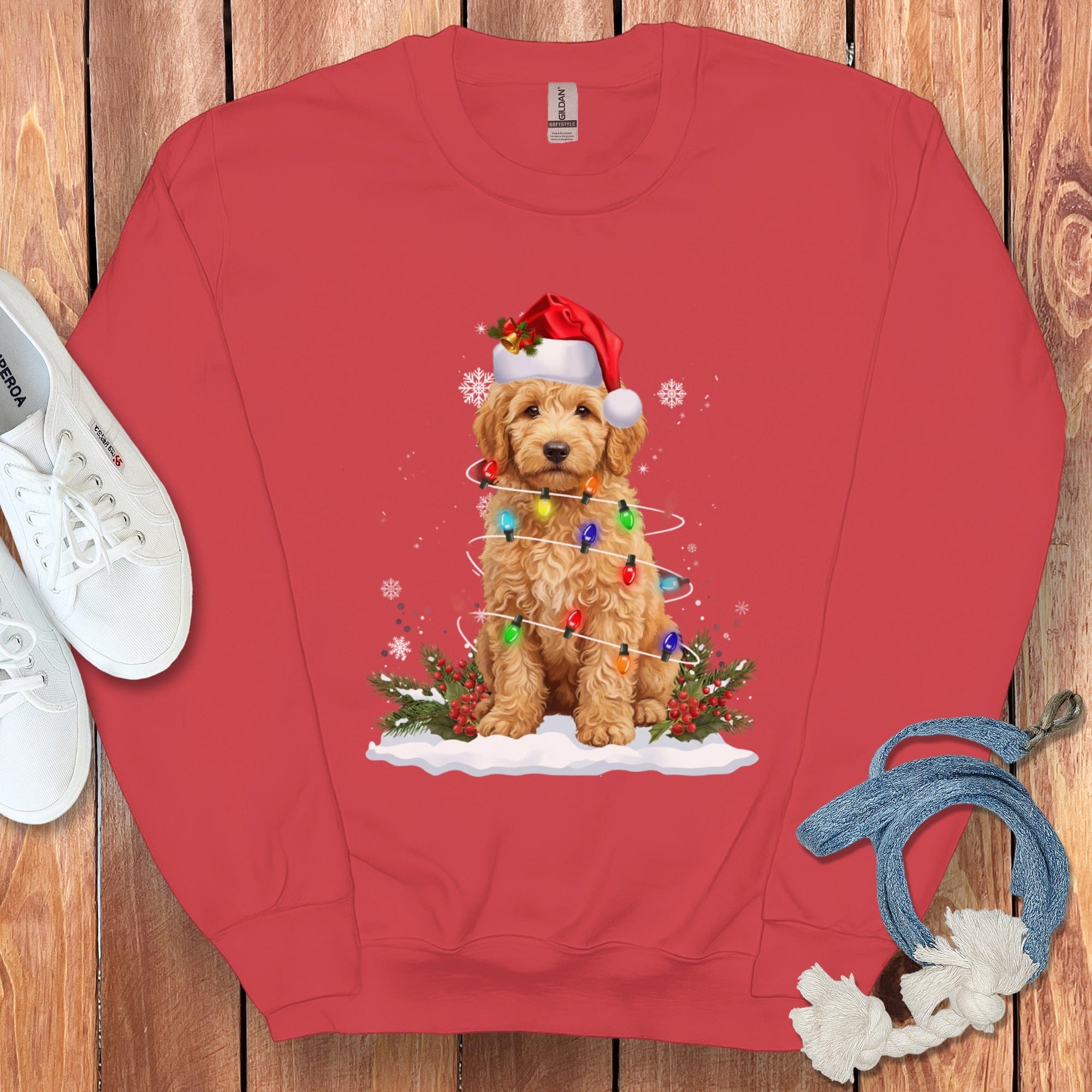 Goldendoodle Christmas Light Sweatshirt in Red / S by Puppy Jo