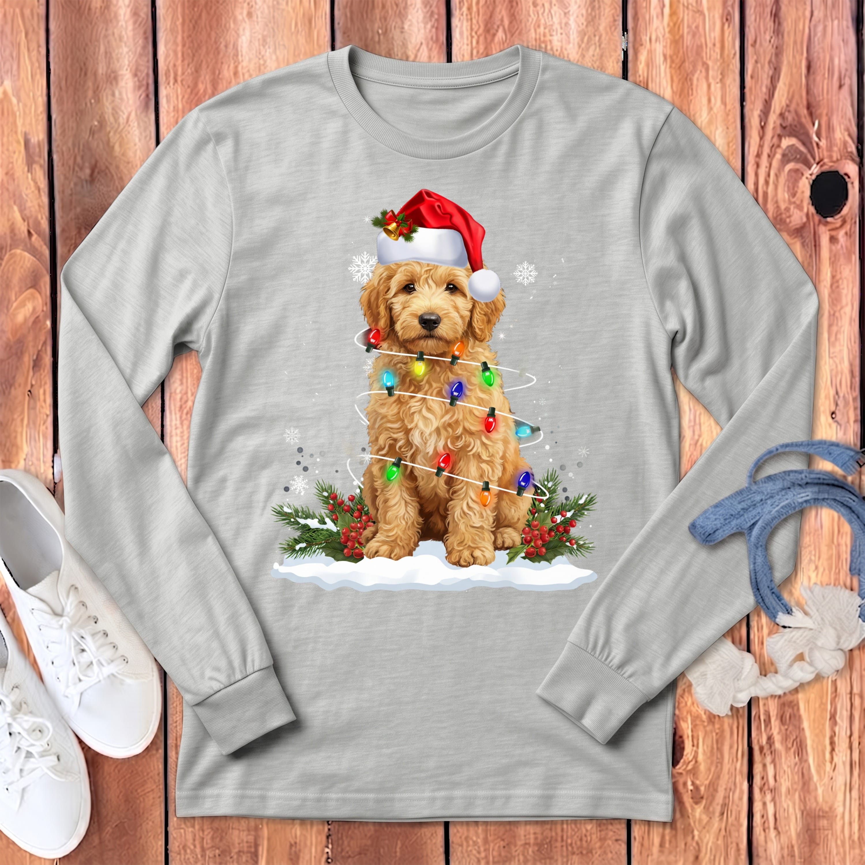 Goldendoodle Christmas Lisght Long Sleeve T-Shirt in Athletic Heather / S by Puppy Jo