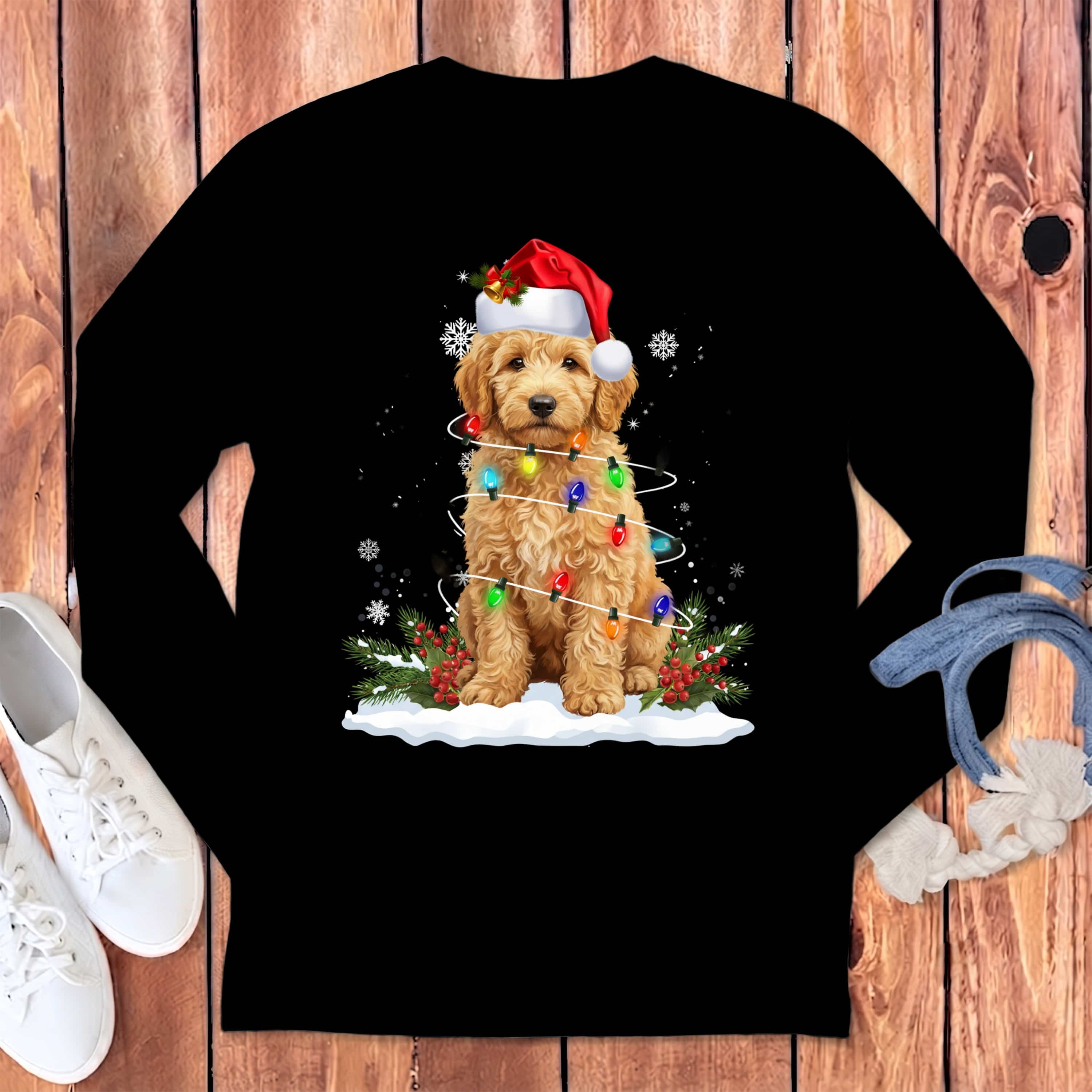 Goldendoodle Christmas Lisght Long Sleeve T-Shirt in Black / S by Puppy Jo