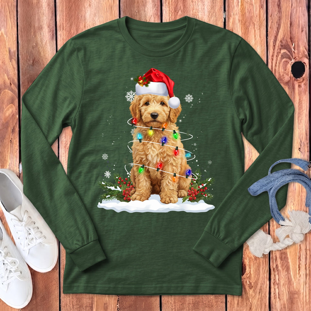 Goldendoodle Christmas Lisght Long Sleeve T-Shirt in Heather Forest / S by Puppy Jo
