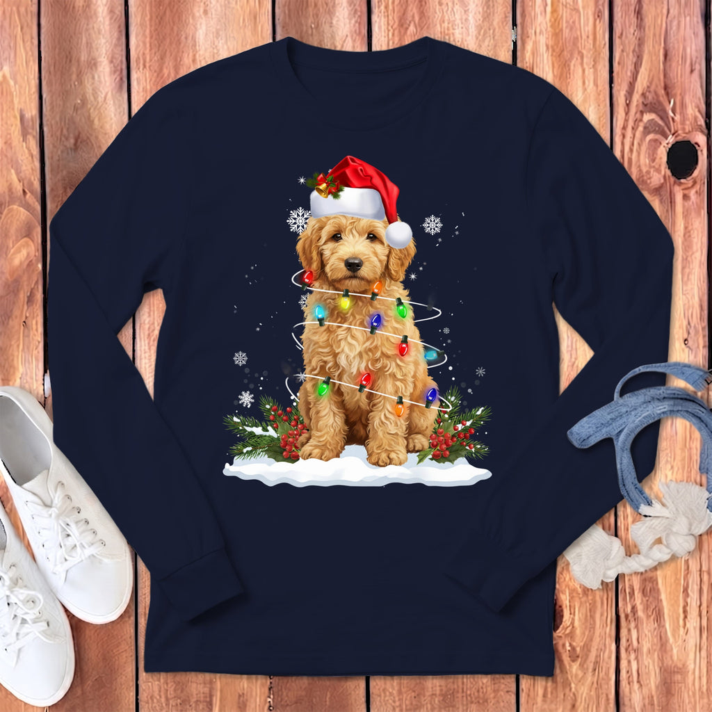 Goldendoodle Christmas Lisght Long Sleeve T-Shirt in Navy / S by Puppy Jo