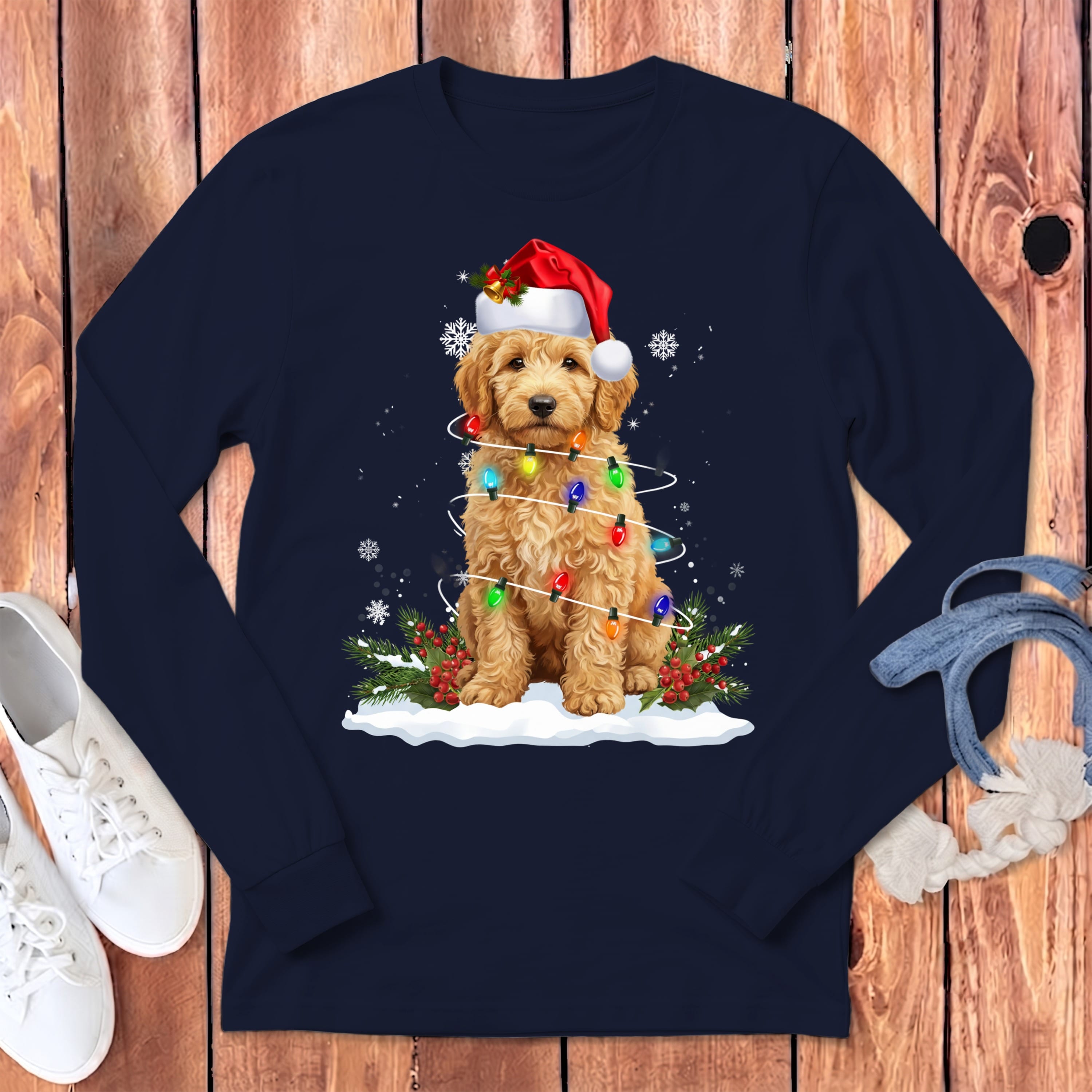 Goldendoodle Christmas Lisght Long Sleeve T-Shirt in Navy / S by Puppy Jo