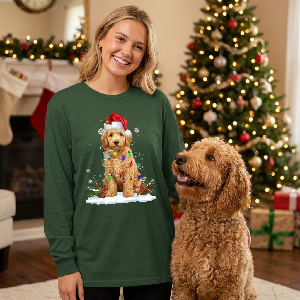 Goldendoodle Christmas Lisght Long Sleeve T-Shirt in by Puppy Jo