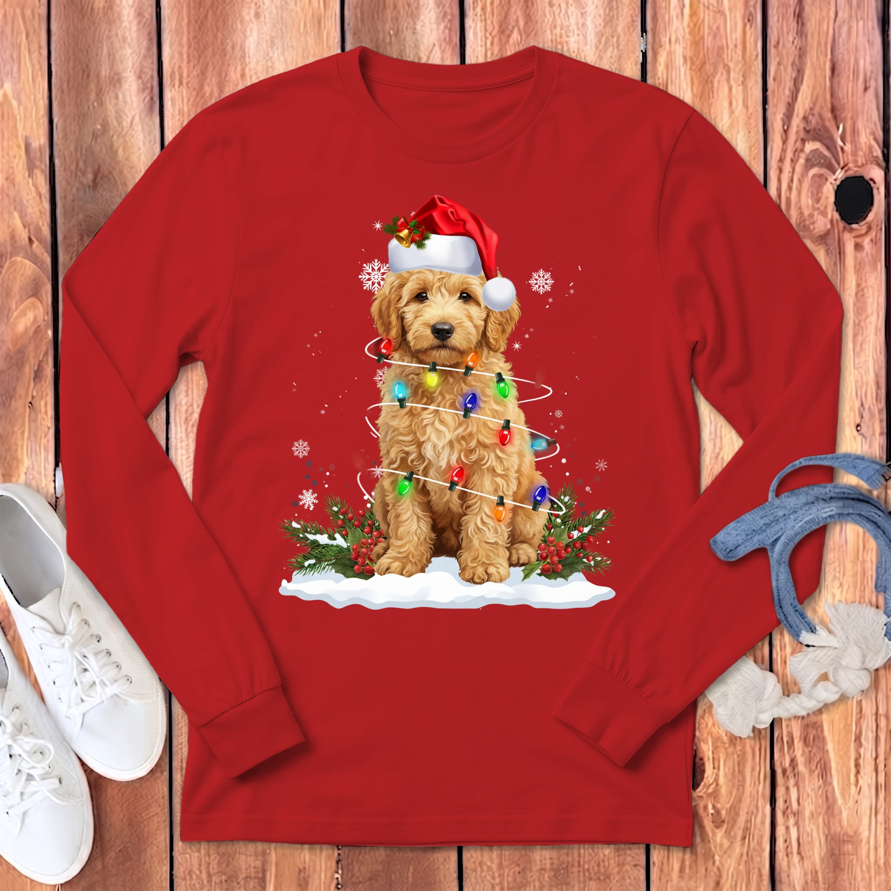 Goldendoodle Christmas Lisght Long Sleeve T-Shirt in Red / S by Puppy Jo