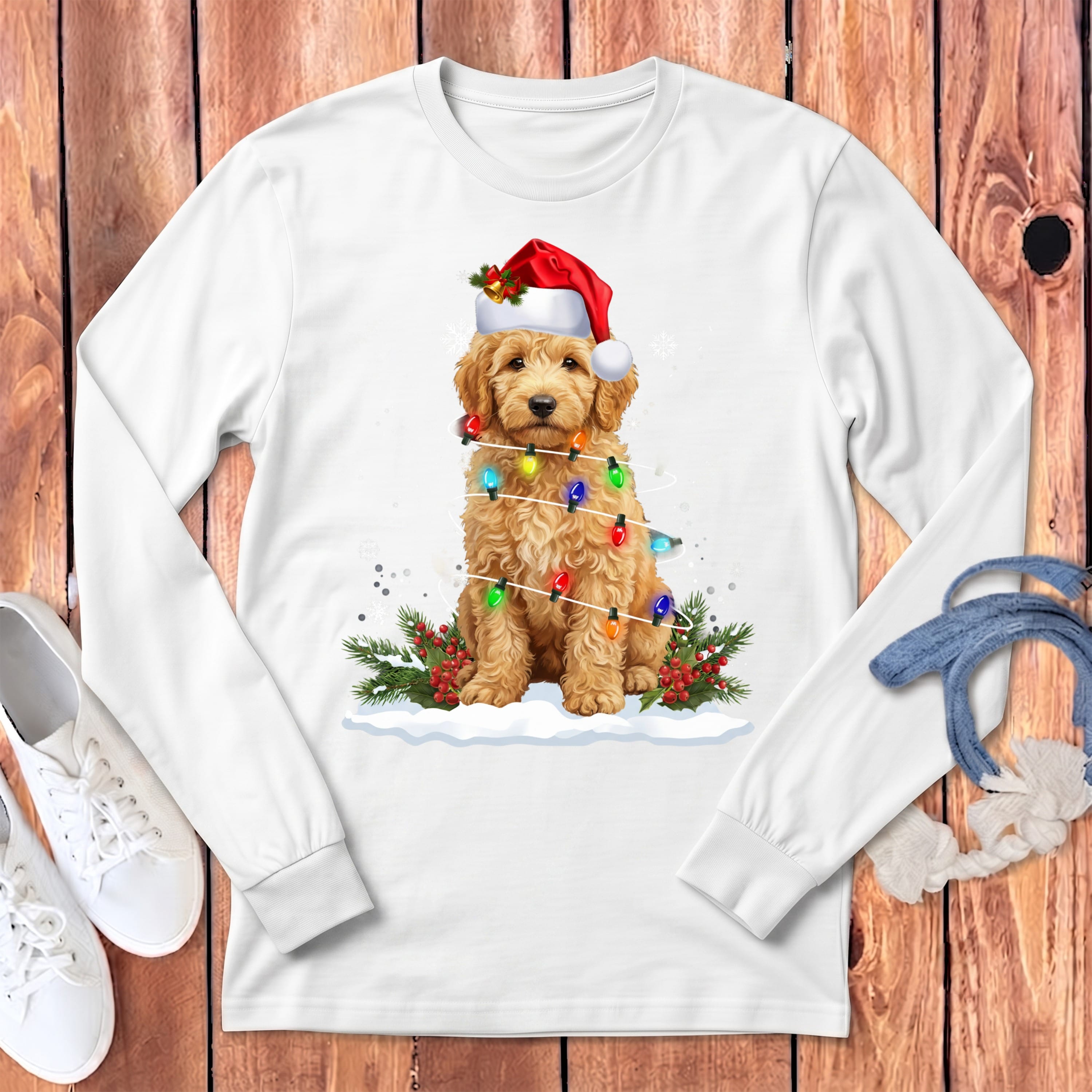 Goldendoodle Christmas Lisght Long Sleeve T-Shirt in White / S by Puppy Jo