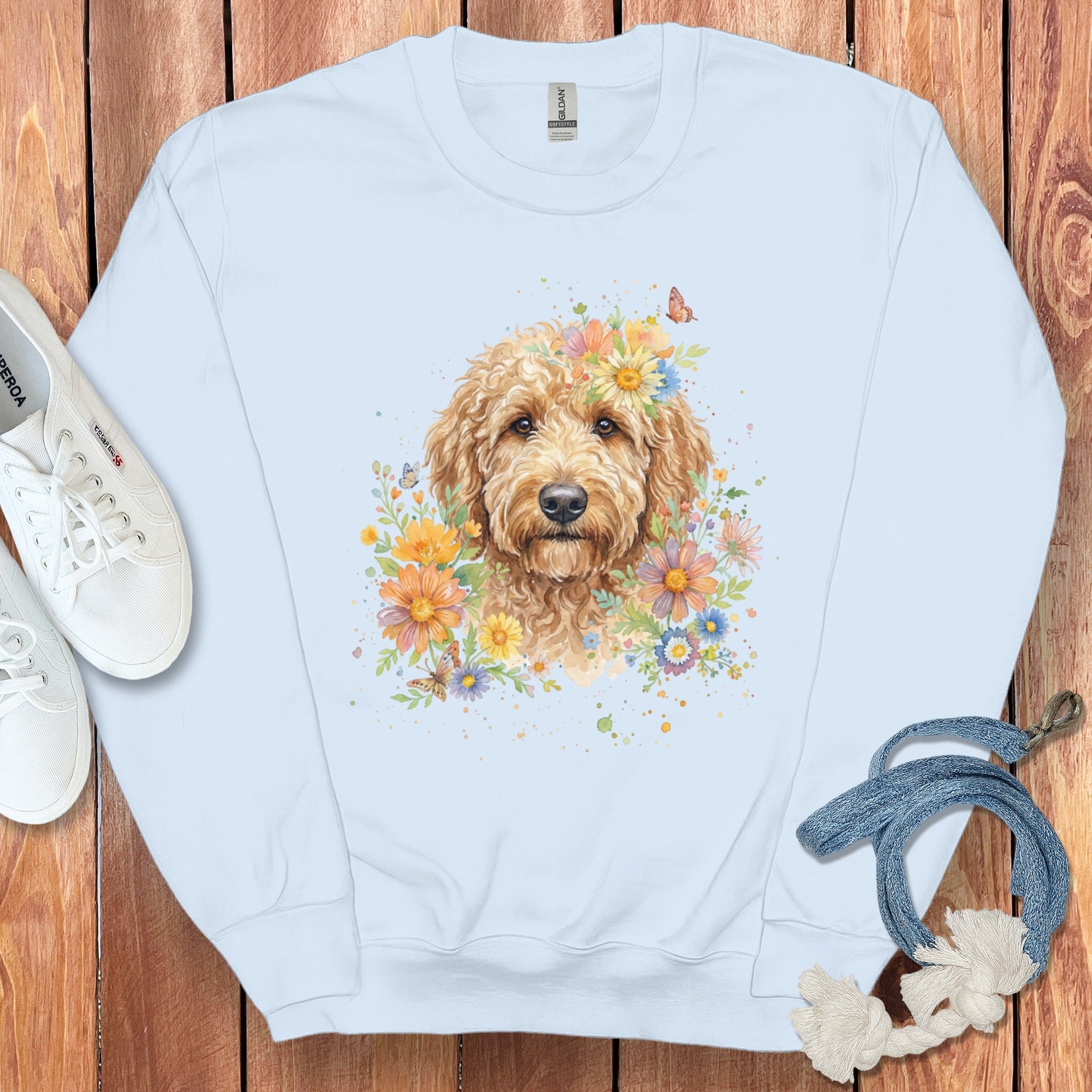 Goldendoodle Flower Sweatshirt in Light Blue / S by Puppy Jo