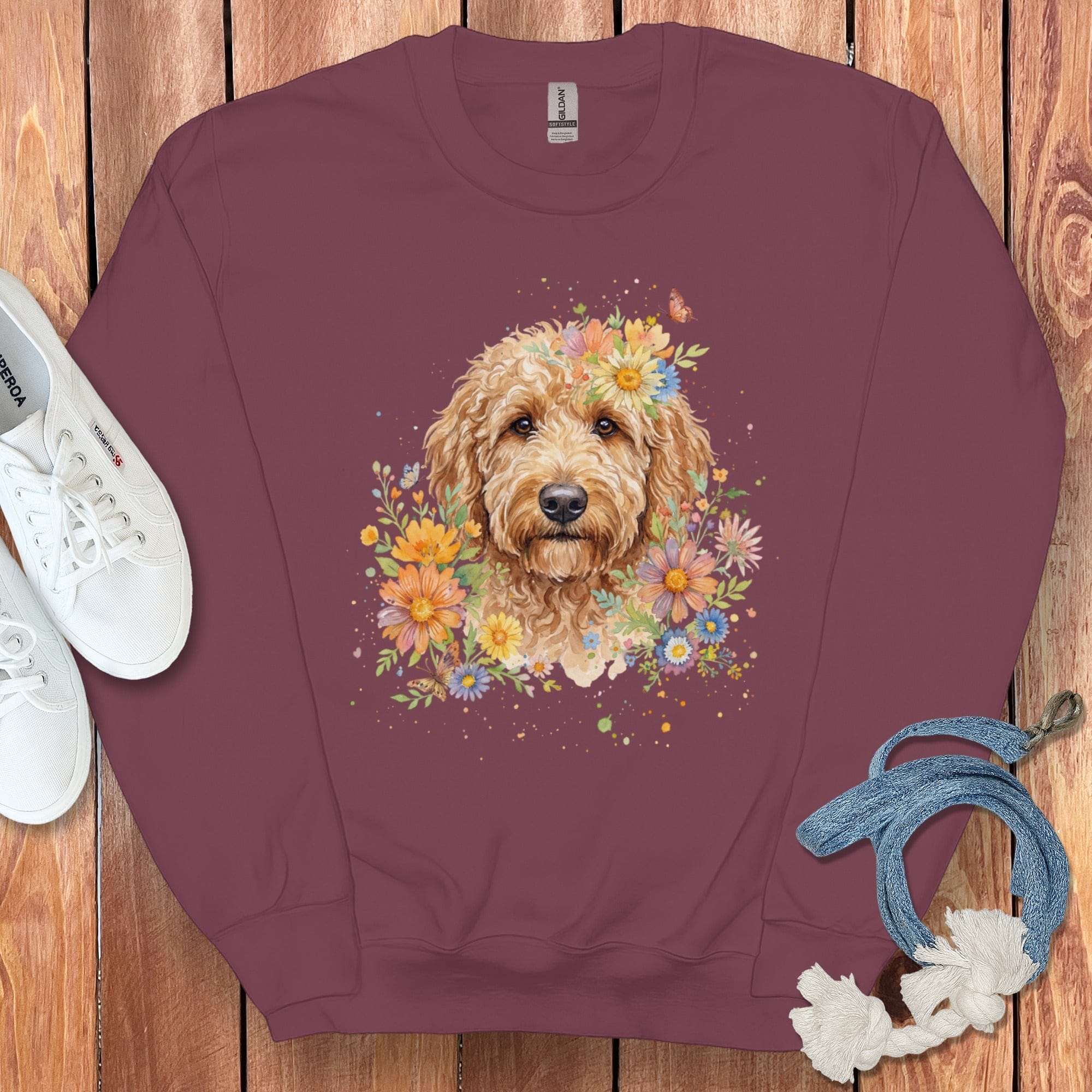 Goldendoodle Flower Sweatshirt in Maroon / S by Puppy Jo