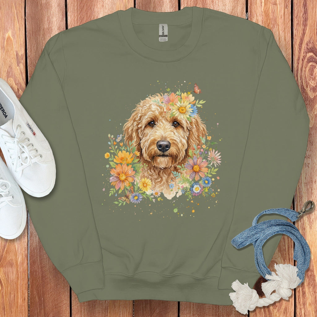 Goldendoodle Flower Sweatshirt in Military Green / S by Puppy Jo