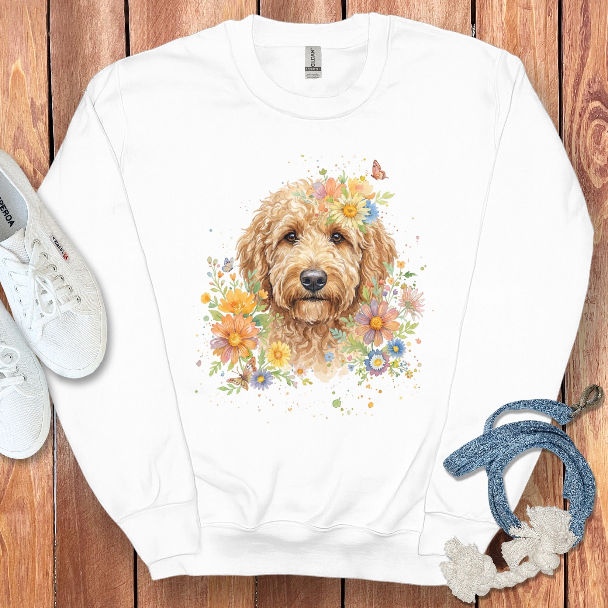 Goldendoodle Flower Sweatshirt in White / S by Puppy Jo