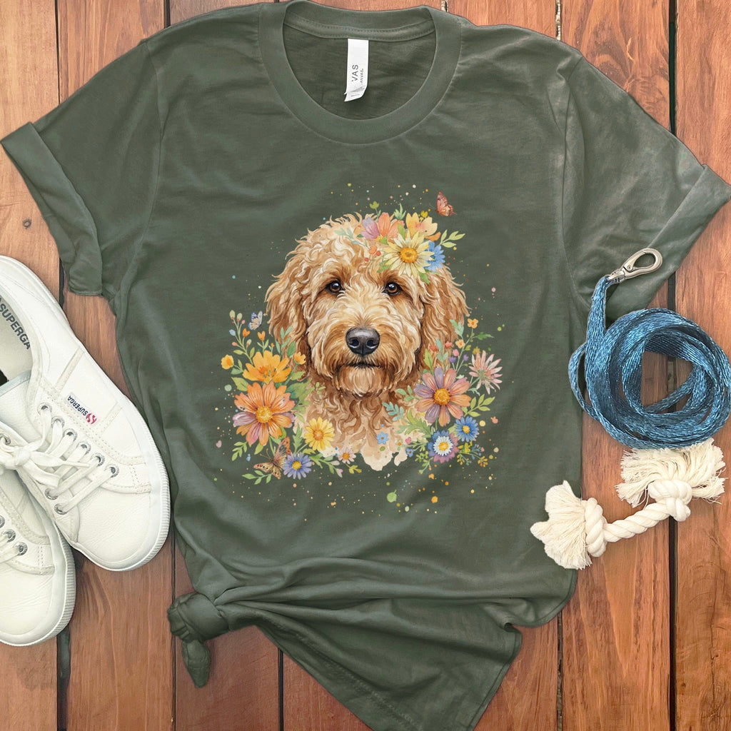 Goldendoodle Flower T-Shirt in Military Green / S by Puppy Jo