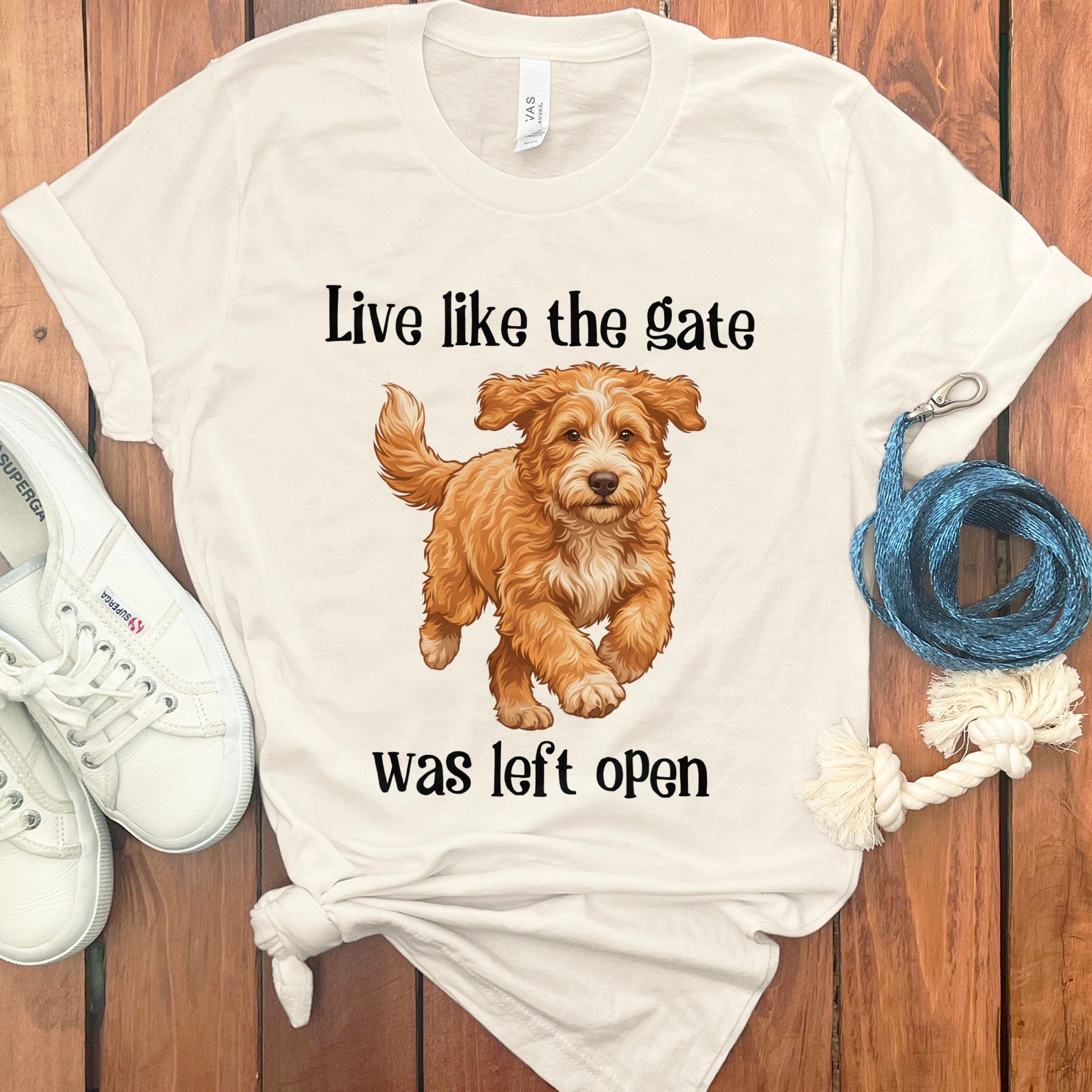 Goldendoodle Gate Open T-Shirt in Natural / S by Puppy Jo