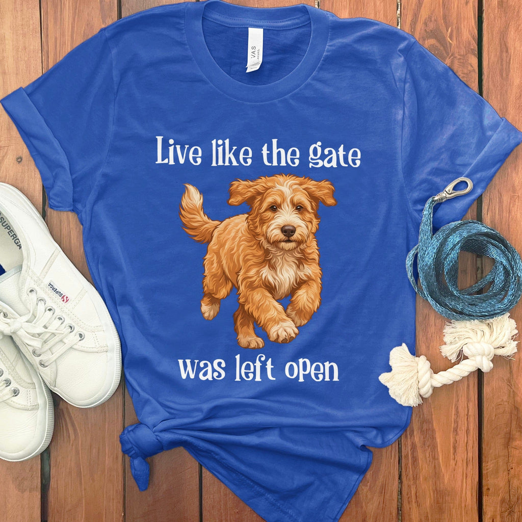 Goldendoodle Gate Open T-Shirt in True Royal / S by Puppy Jo