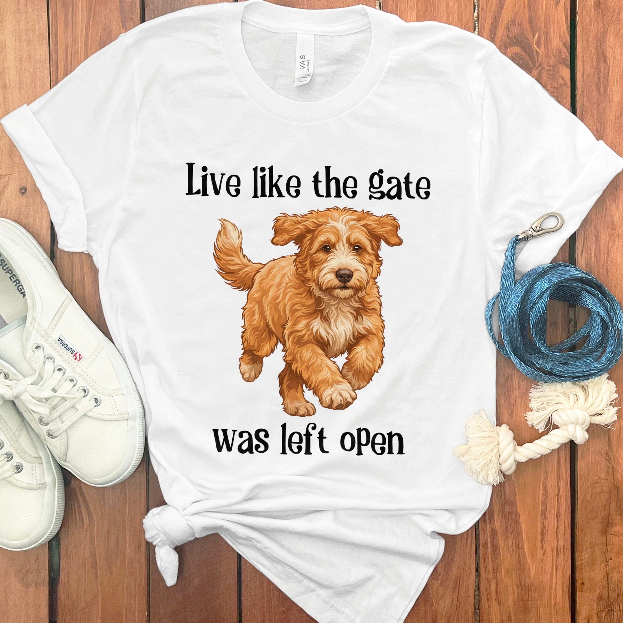 Goldendoodle Gate Open T-Shirt in White / S by Puppy Jo