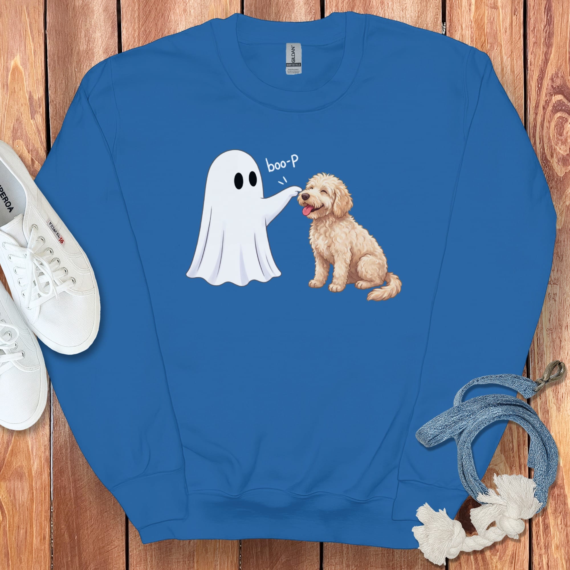 Goldendoodle Ghost Boop Sweatshirt in Royal / S by Puppy Jo