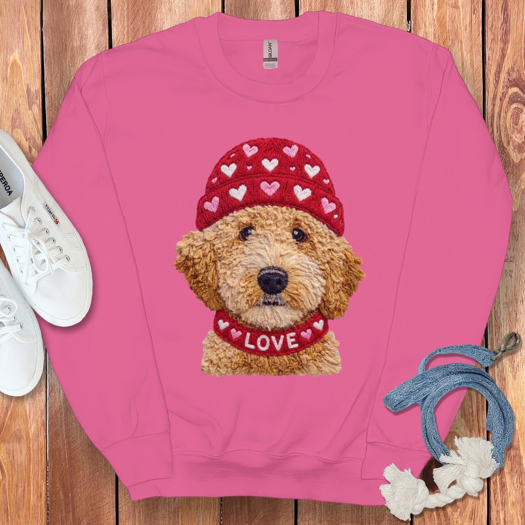 Goldendoodle Heart Cap Sweatshirt in Heliconia / S by Puppy Jo