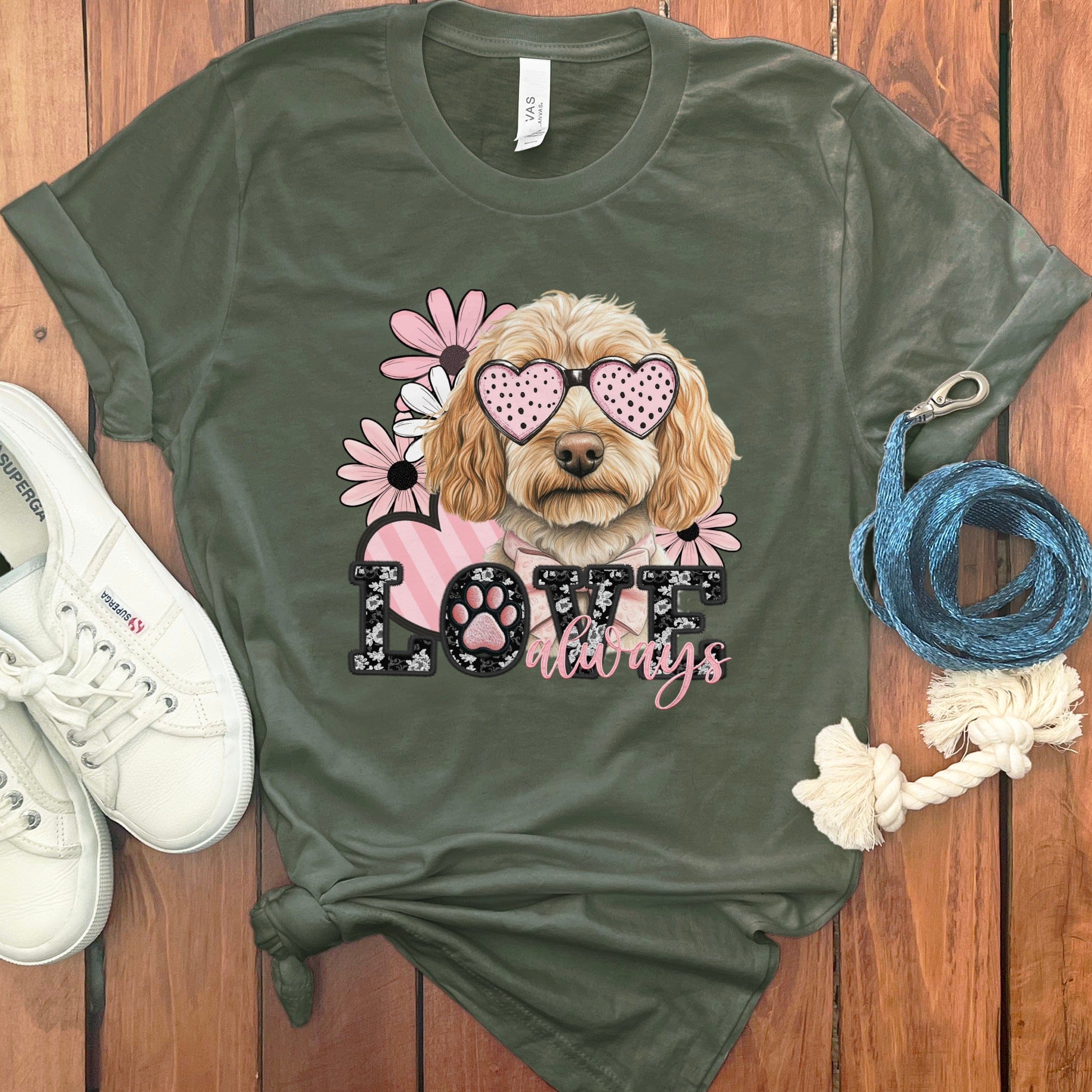 Goldendoodle Love Floral T-Shirt in Military Green / S by Puppy Jo