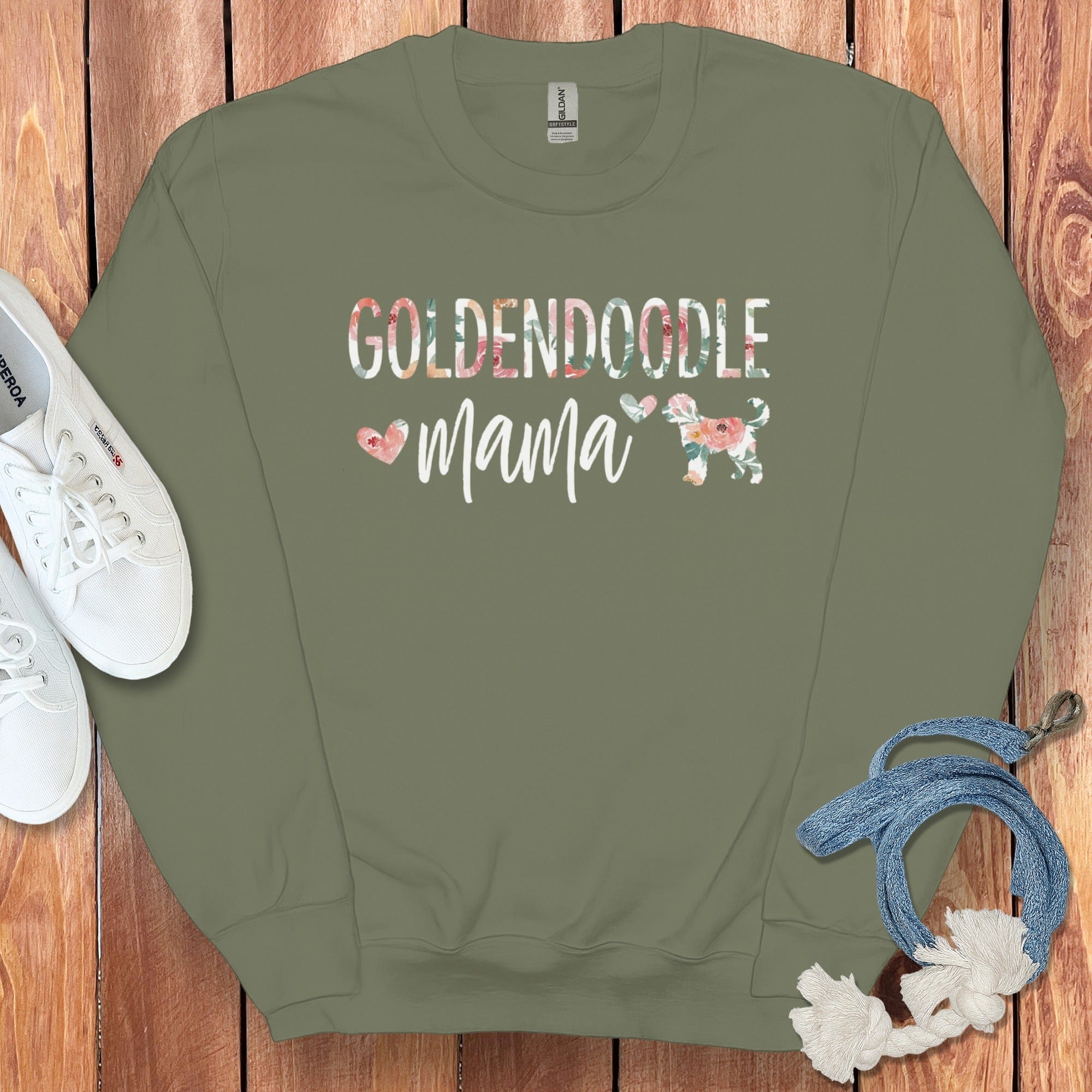 Goldendoodle Mama Floral Sweatshirt in Military Green / S by Puppy Jo