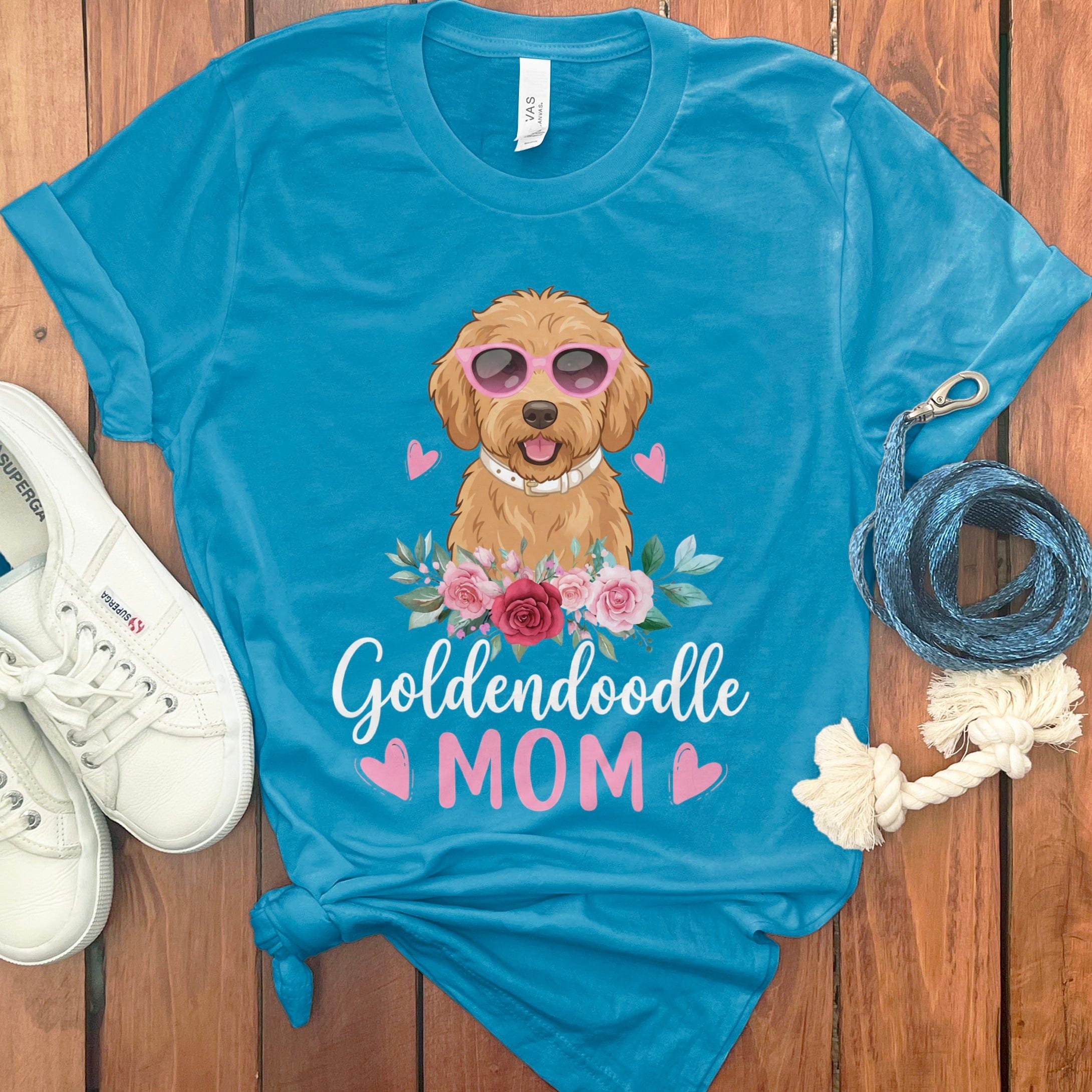 Goldendoodle Mom Sunglass T-Shirt in Aqua / S by Puppy Jo