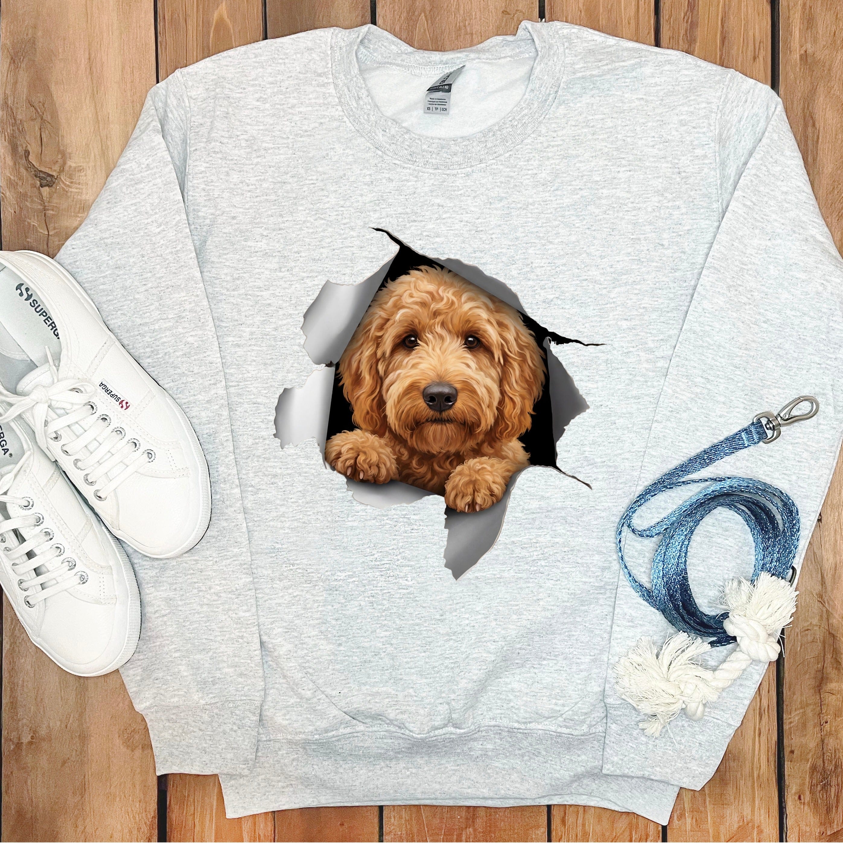 Goldendoodle Peeking Sweatshirt in Ash / S by Puppy Jo