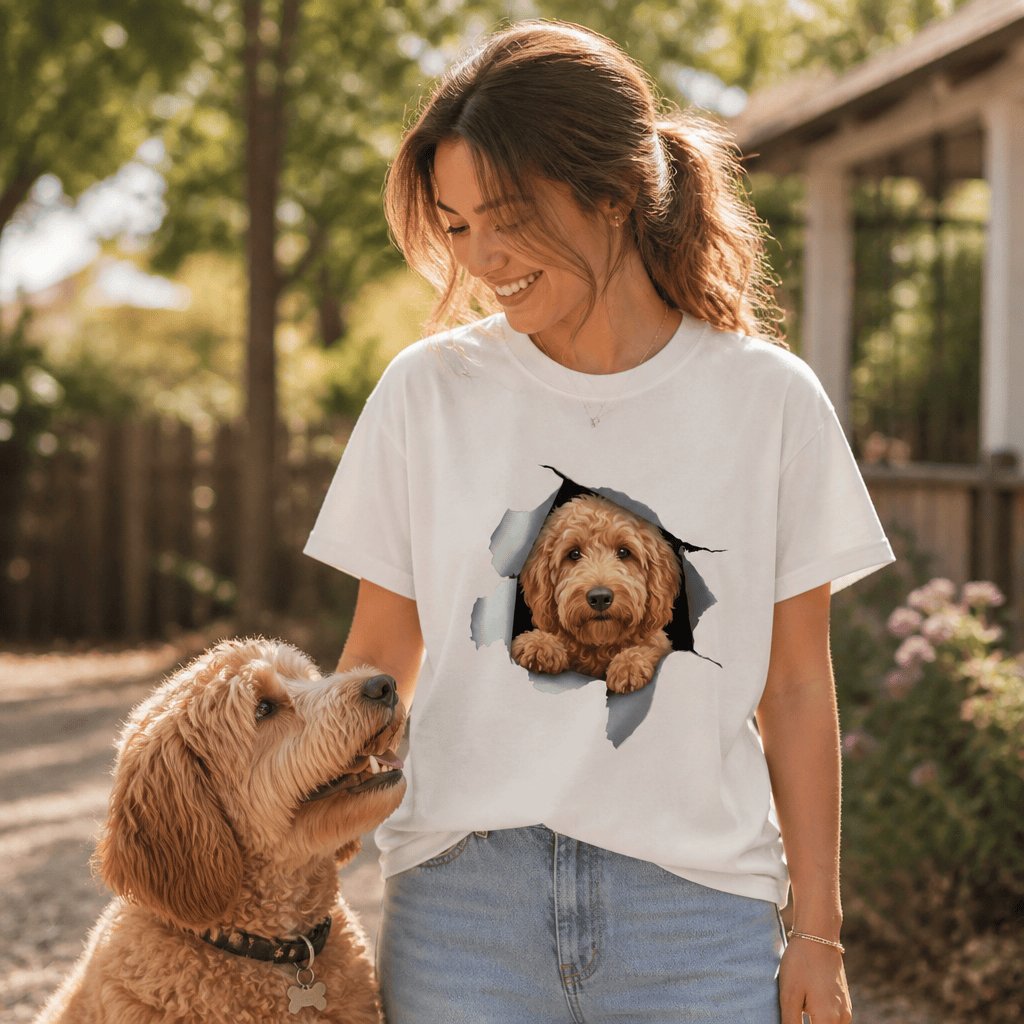 Goldendoodle Peeking T-Shirt in by Puppy Jo