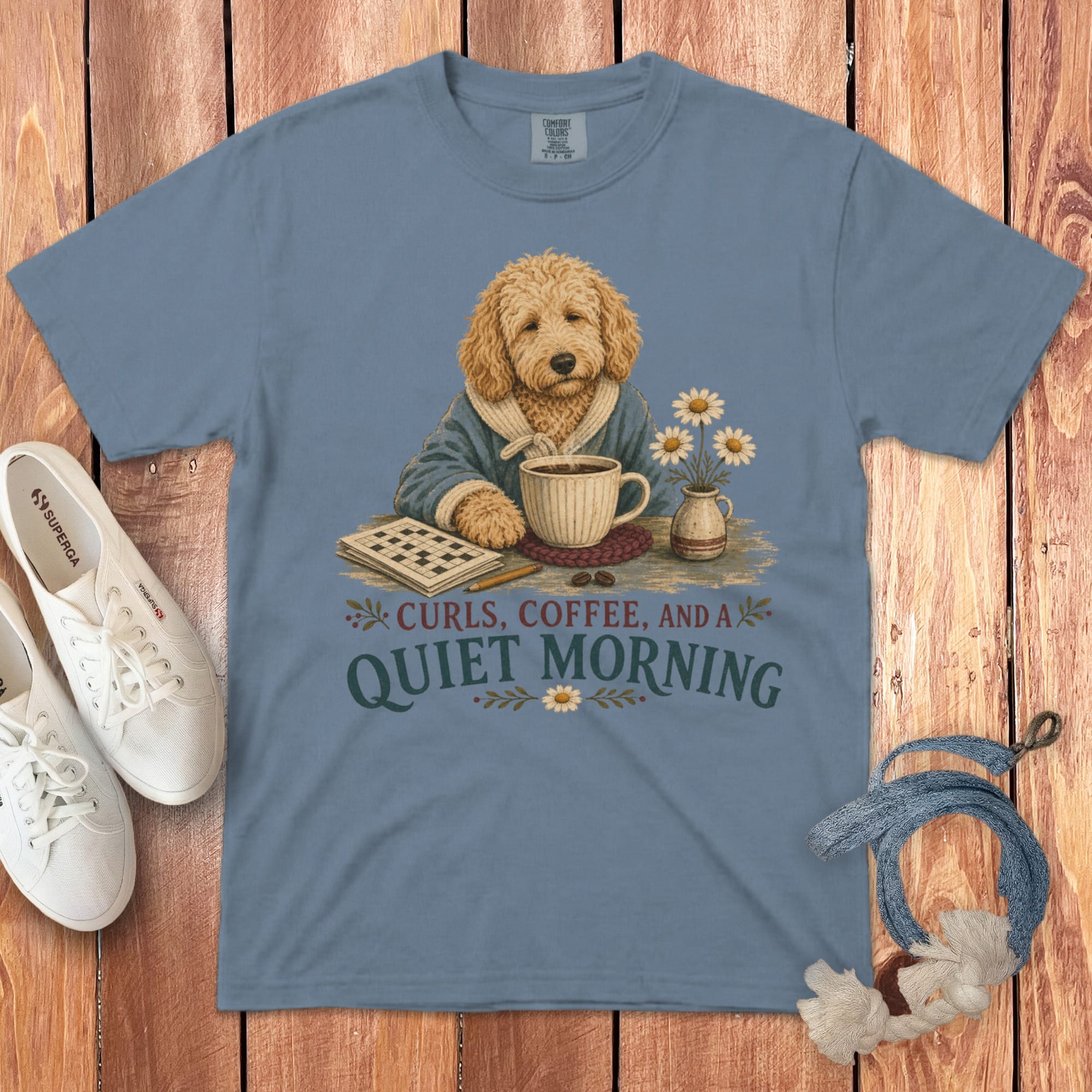 Goldendoodle Quiet Morning Signature T-Shirt in Blue Jean / S by Puppy Jo
