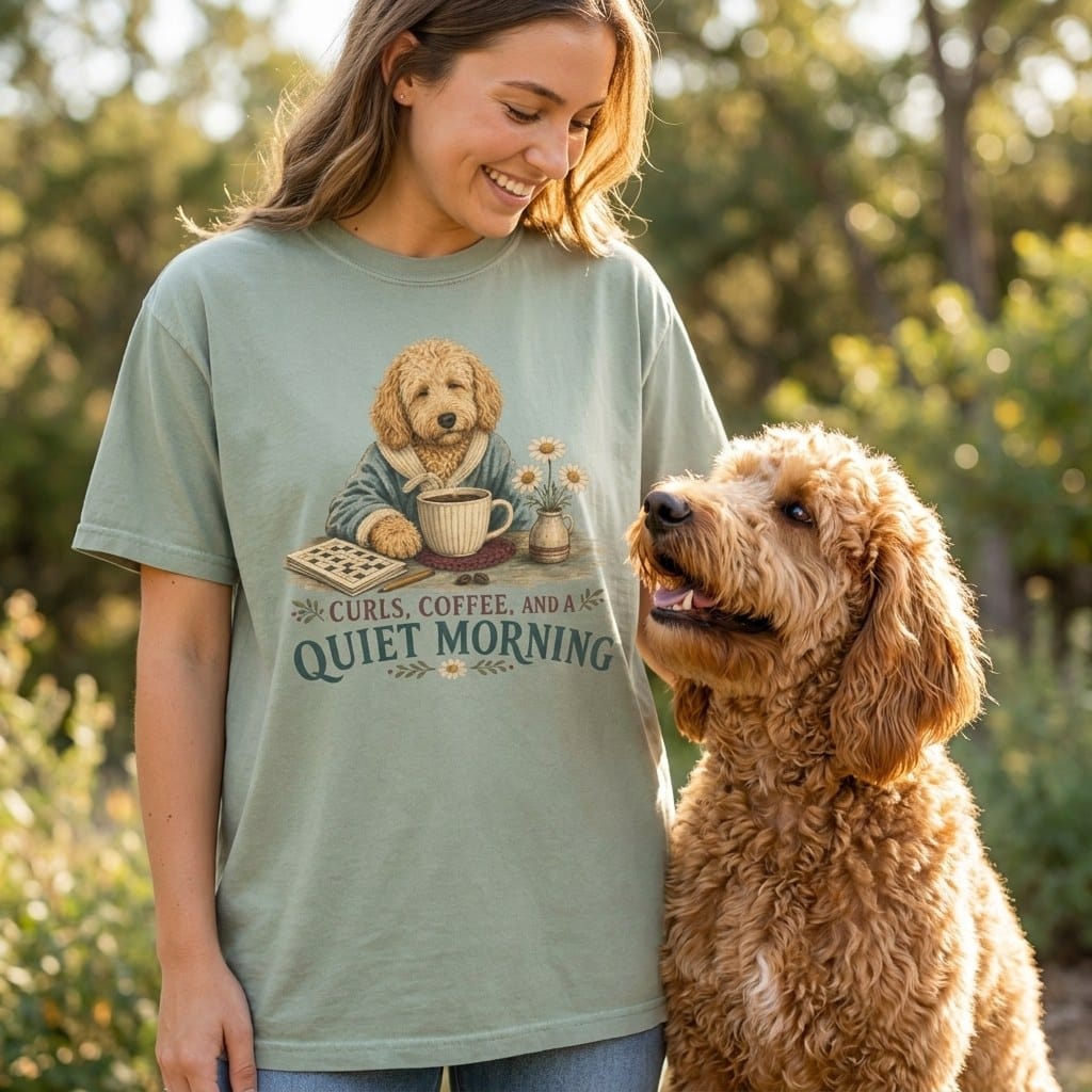 Goldendoodle Quiet Morning Signature T-Shirt in by Puppy Jo