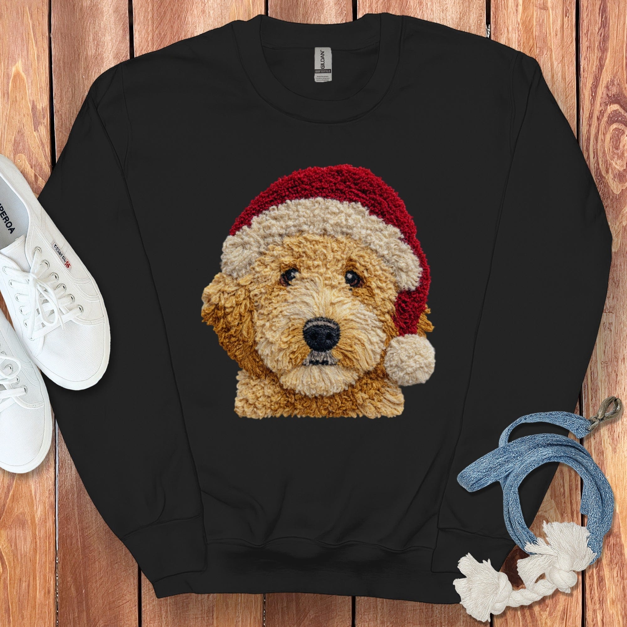 Goldendoodle Santa Faux Yarn Sweatshirt in Black / S by Puppy Jo