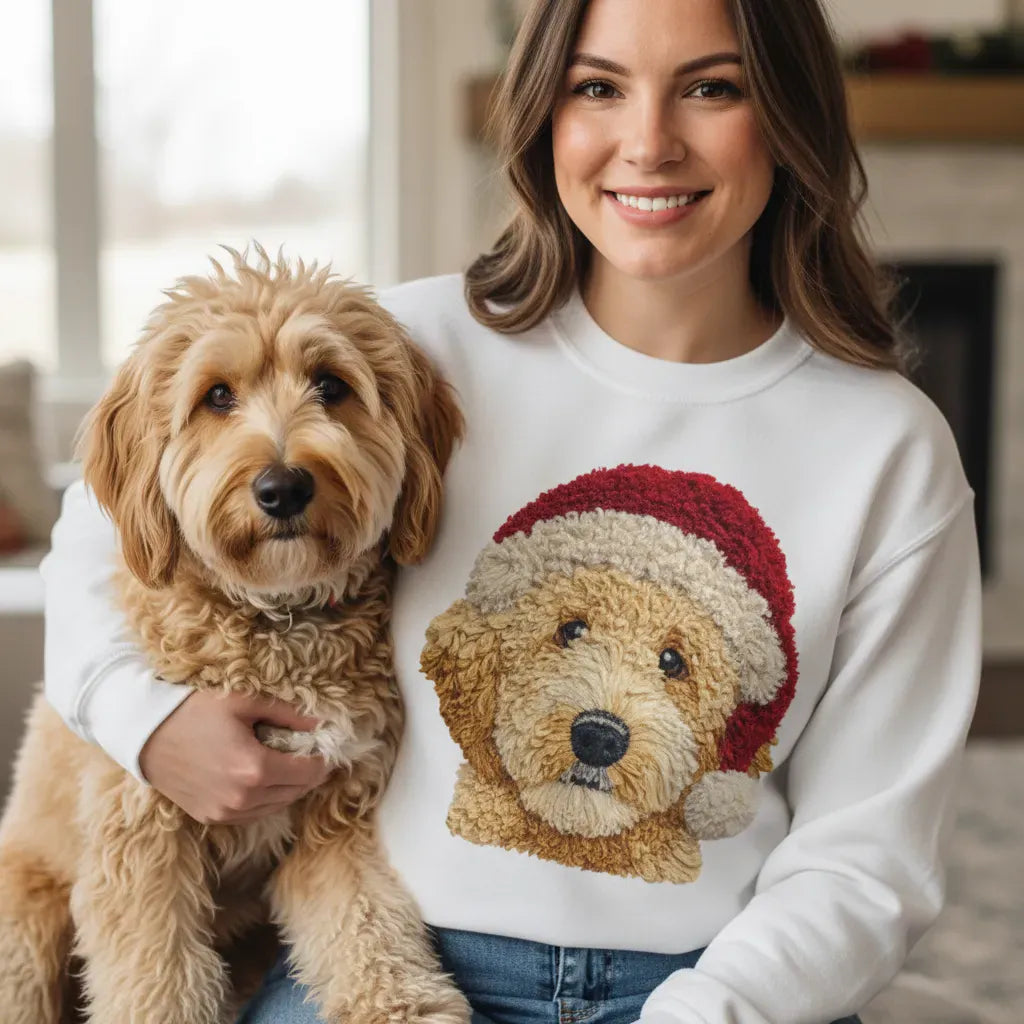 Goldendoodle Santa Faux Yarn Sweatshirt in by Puppy Jo