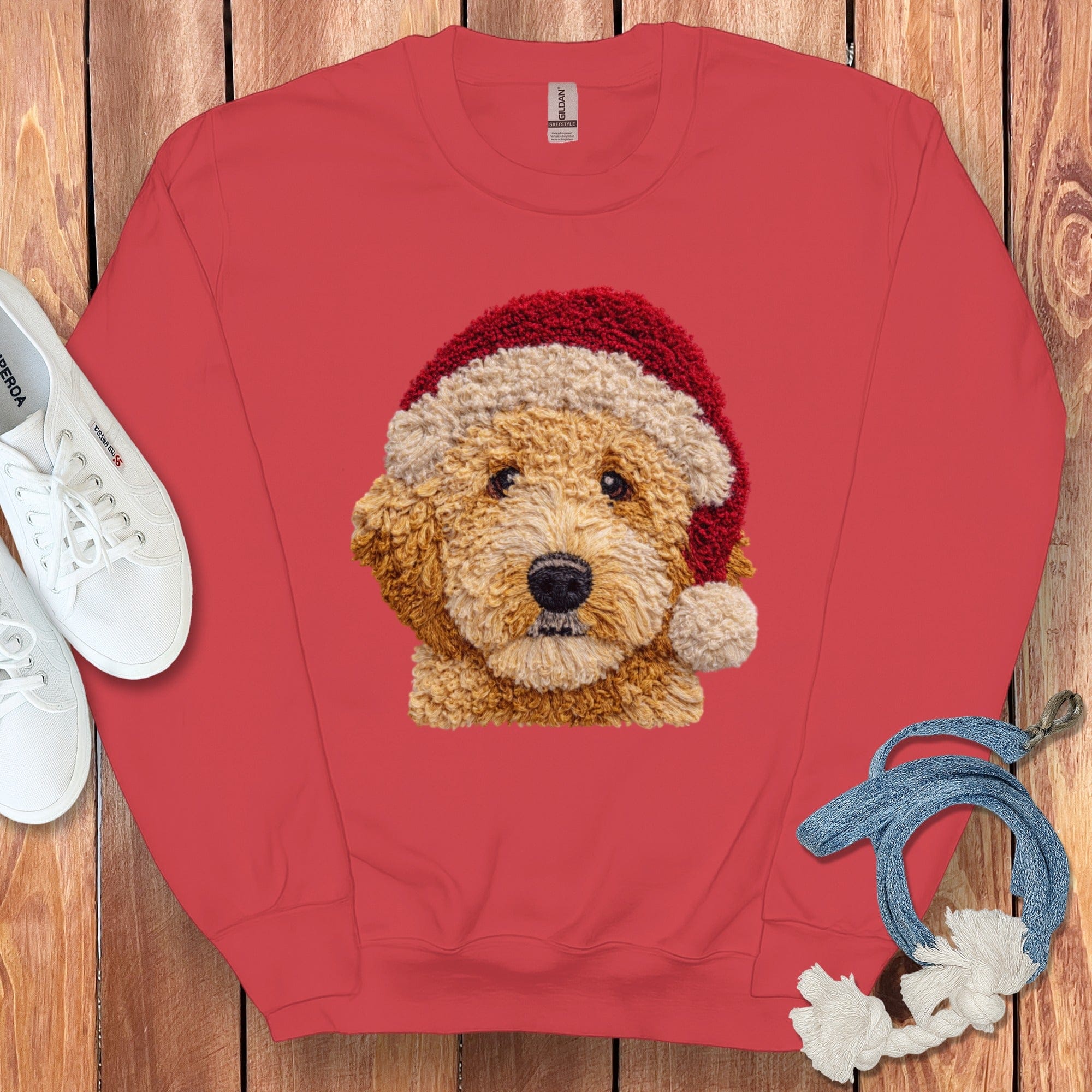 Goldendoodle Santa Faux Yarn Sweatshirt in Red / S by Puppy Jo