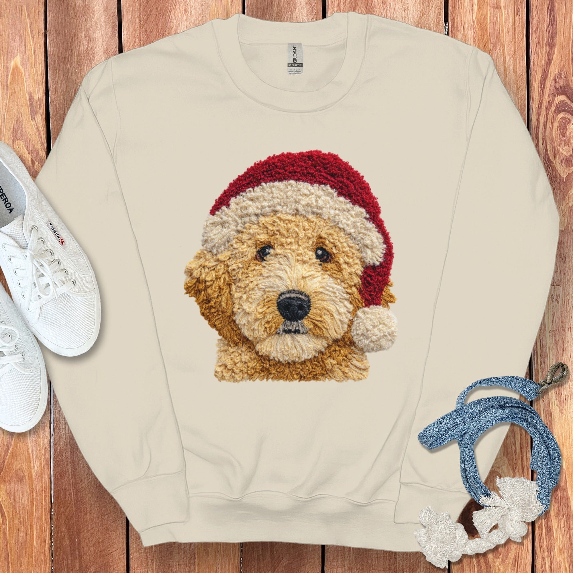 Goldendoodle Santa Faux Yarn Sweatshirt in Sand / S by Puppy Jo