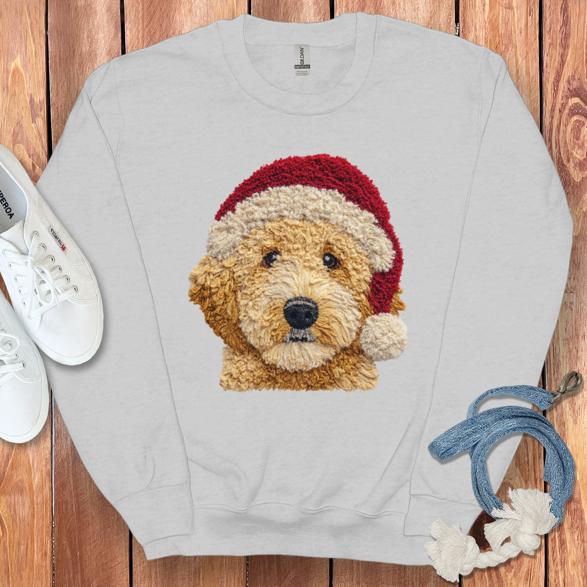 Goldendoodle Santa Faux Yarn Sweatshirt in Sport Grey / S by Puppy Jo
