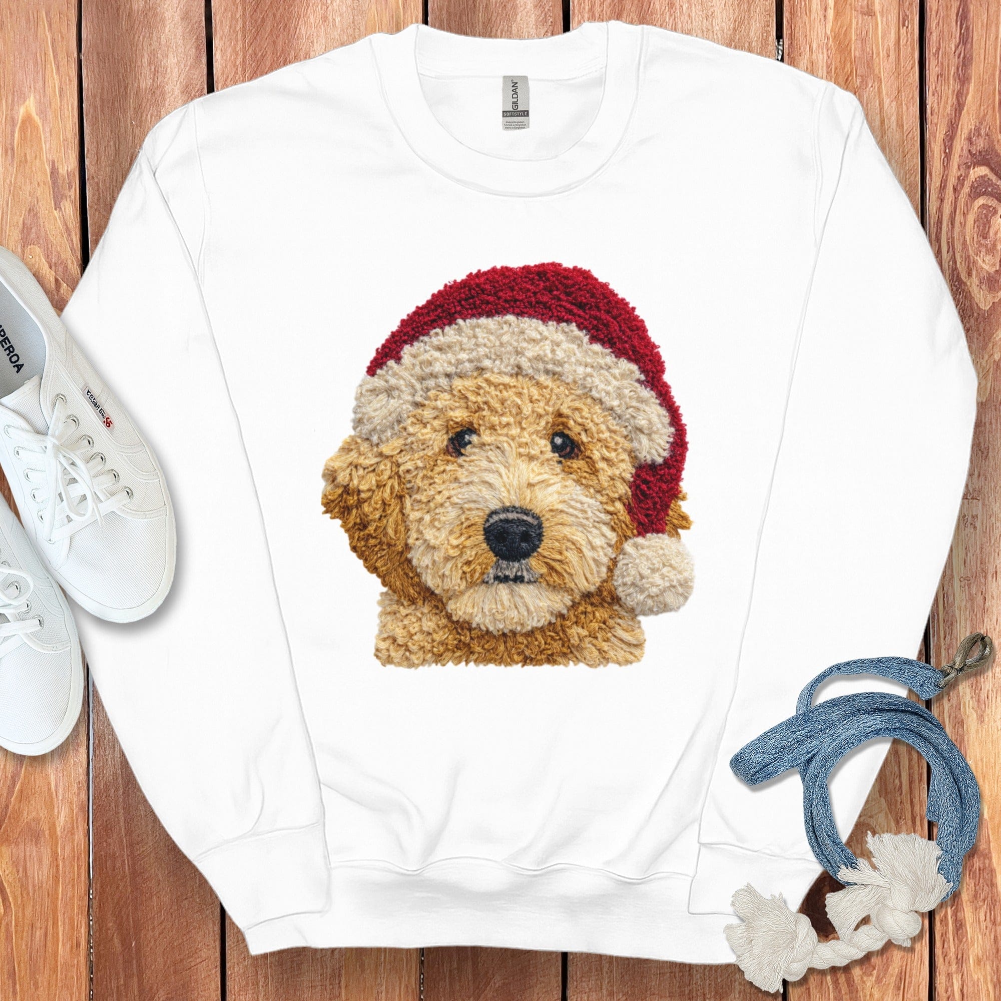 Goldendoodle Santa Faux Yarn Sweatshirt in White / S by Puppy Jo