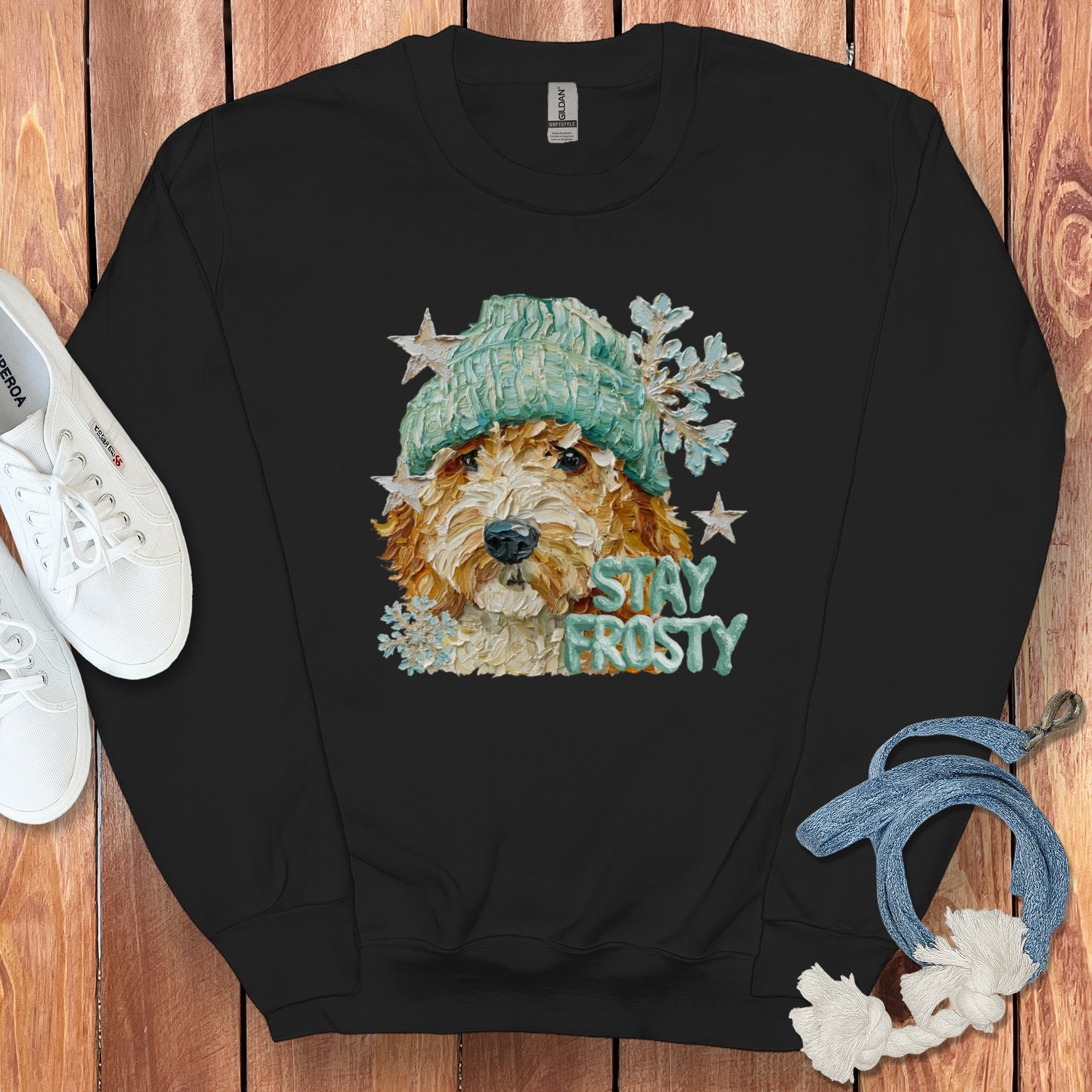 Goldendoodle Stay Frosty Sweatshirt in Black / S by Puppy Jo
