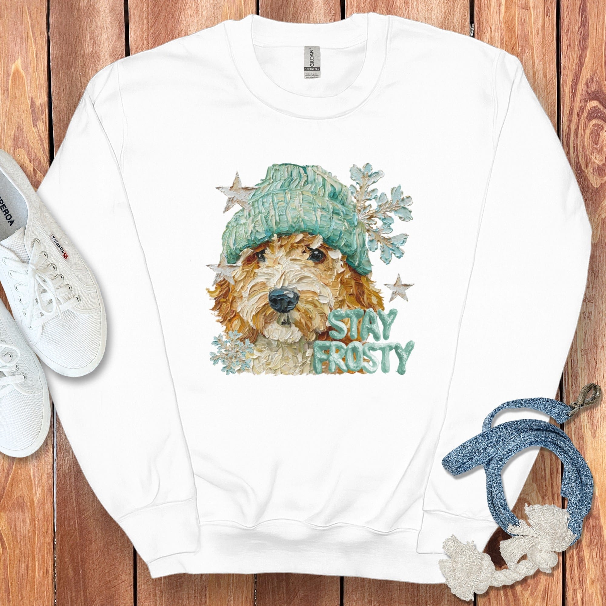 Goldendoodle Stay Frosty Sweatshirt in White / S by Puppy Jo
