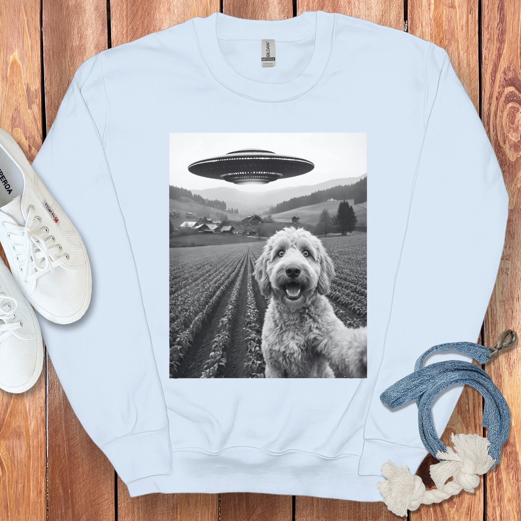 Goldendoodle UFO Sweatshirt in Light Blue / S by Puppy Jo
