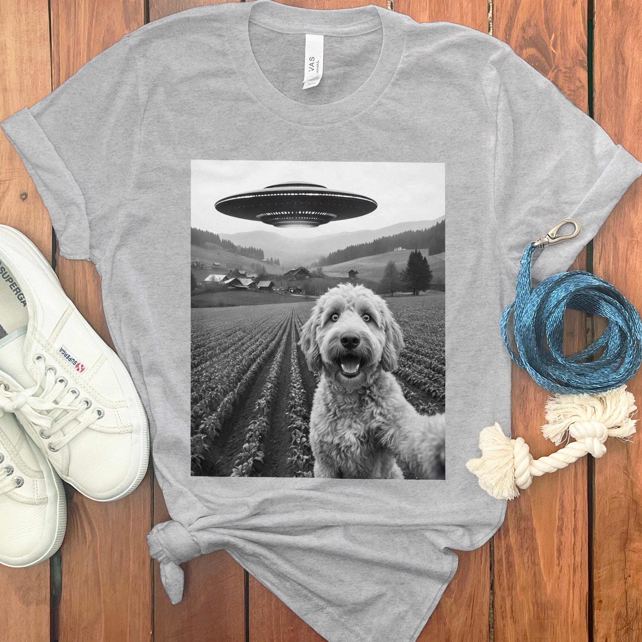 Goldendoodle UFO T-Shirt in Athletic Heather / S by Puppy Jo