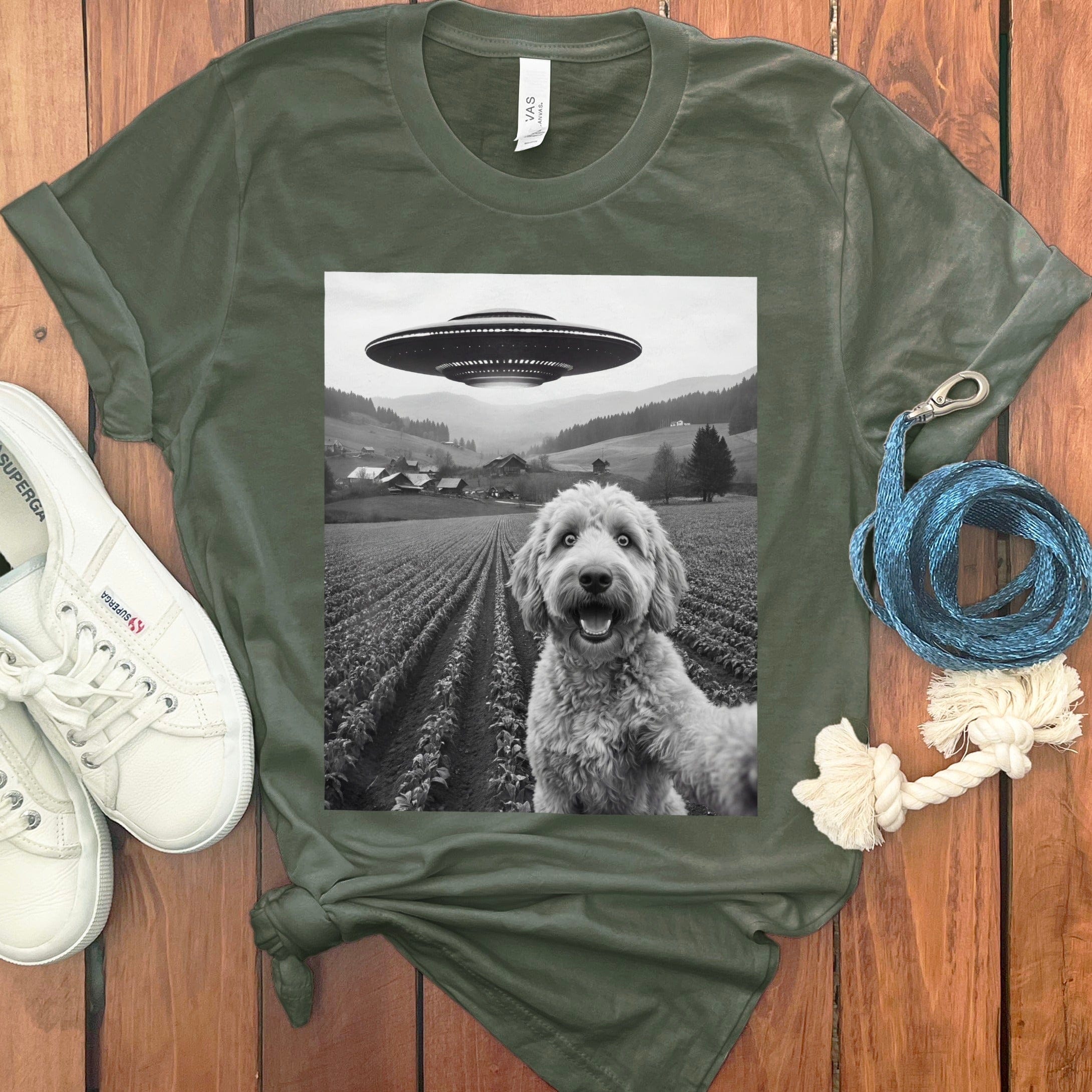 Goldendoodle UFO T-Shirt in Military Green / S by Puppy Jo