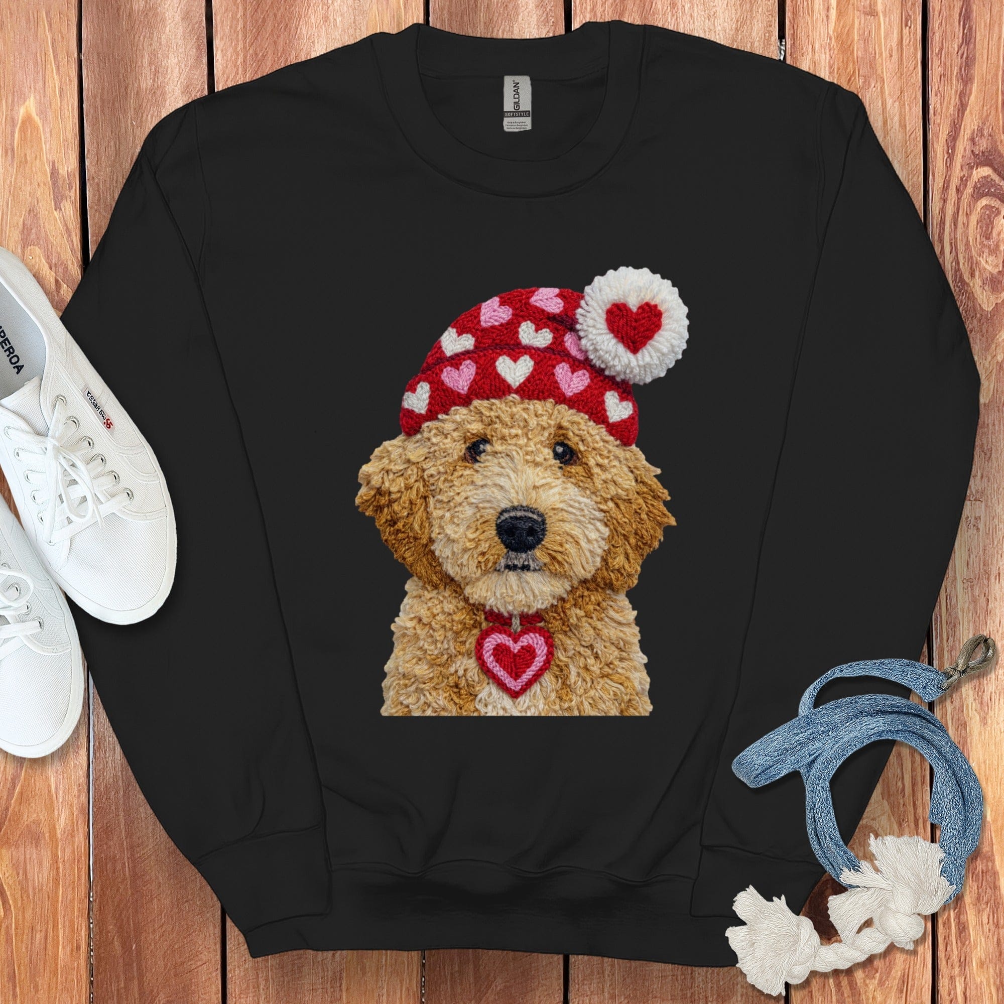 Goldendoodle Valentine Charm Faux Yarn Sweatshirt in Black / S by Puppy Jo