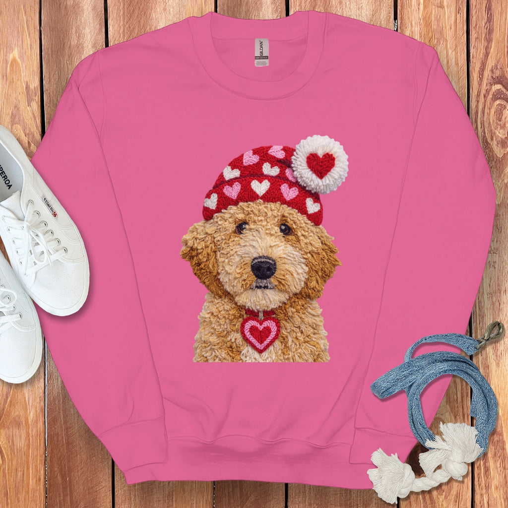 Goldendoodle Valentine Charm Faux Yarn Sweatshirt in Heliconia / S by Puppy Jo