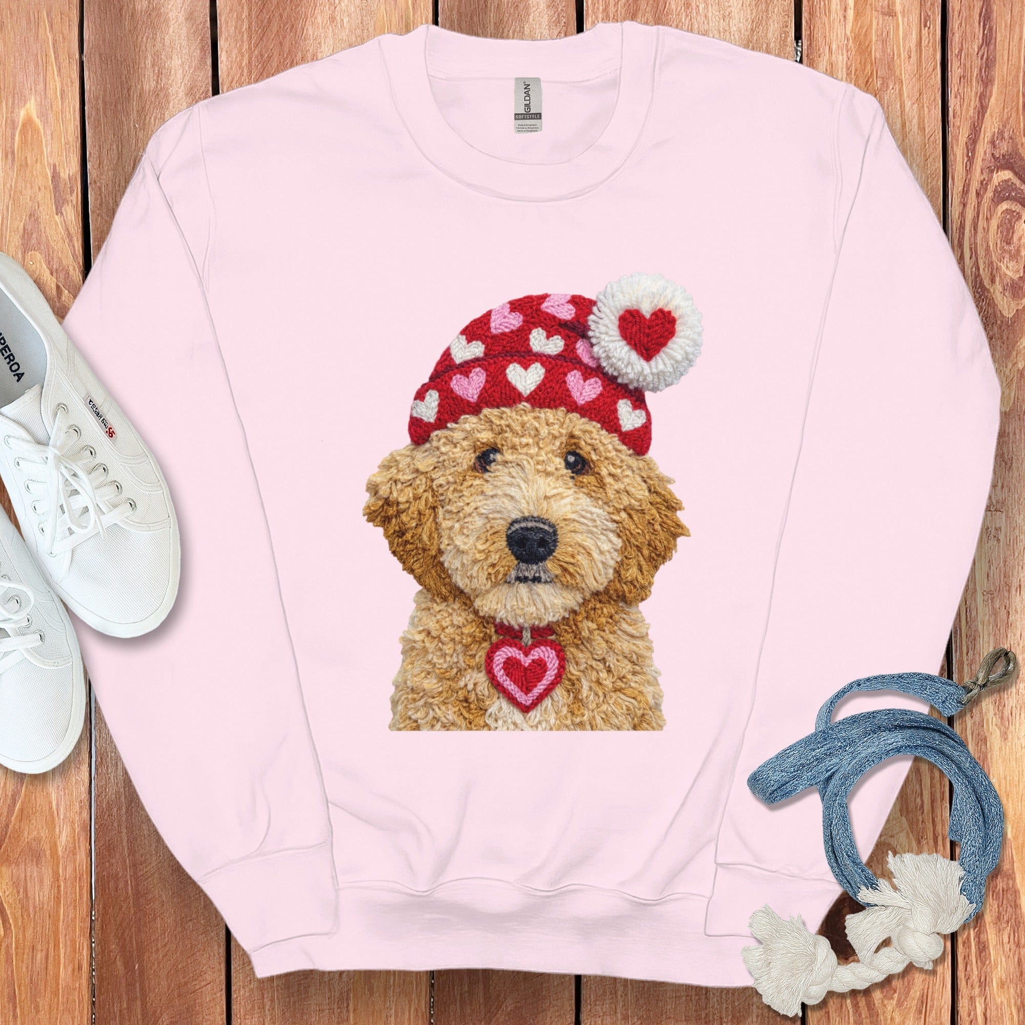 Goldendoodle Valentine Charm Faux Yarn Sweatshirt in Light Pink / S by Puppy Jo