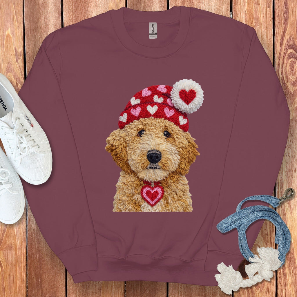 Goldendoodle Valentine Charm Faux Yarn Sweatshirt in Maroon / S by Puppy Jo