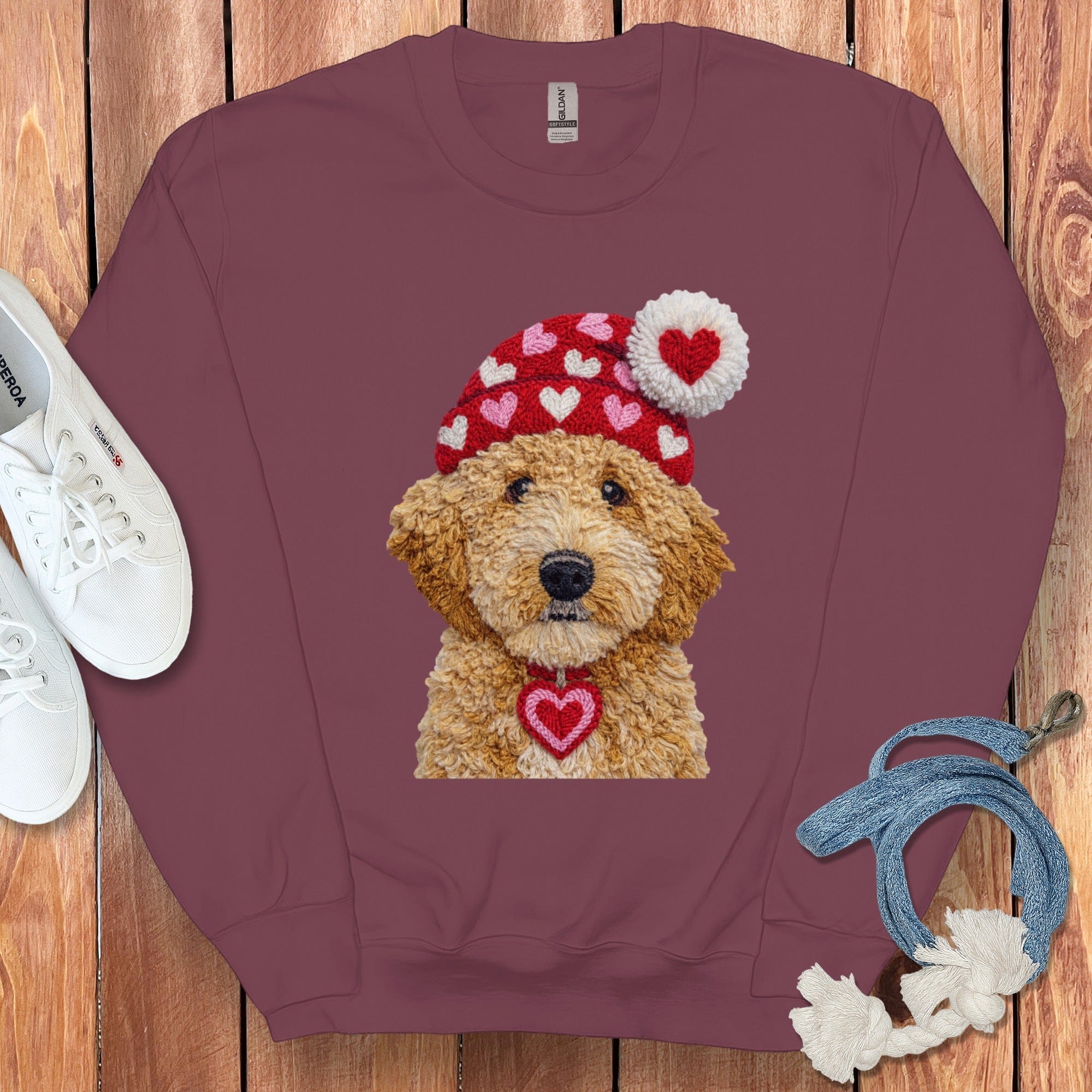 Goldendoodle Valentine Charm Faux Yarn Sweatshirt in Maroon / S by Puppy Jo