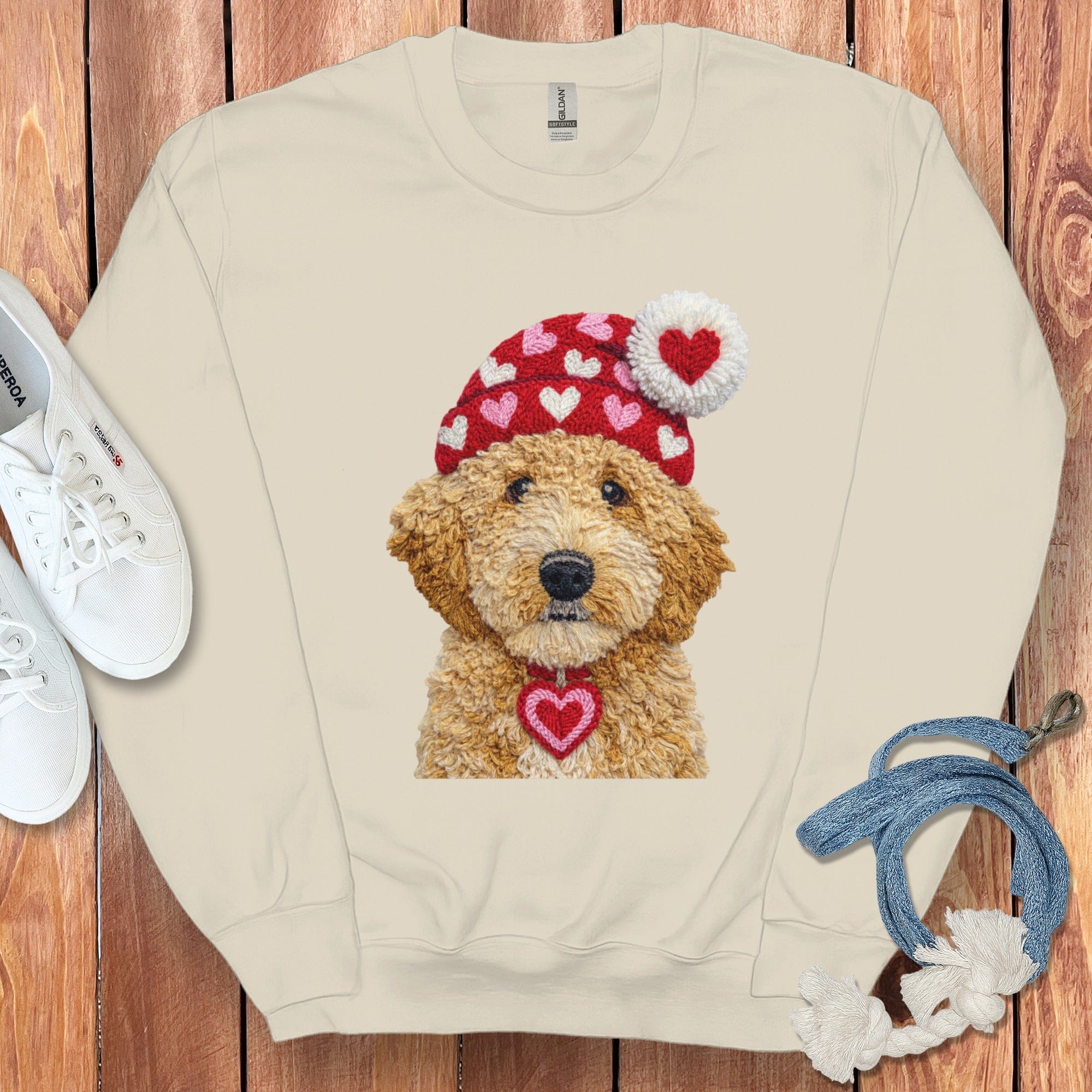 Goldendoodle Valentine Charm Faux Yarn Sweatshirt in Sand / S by Puppy Jo