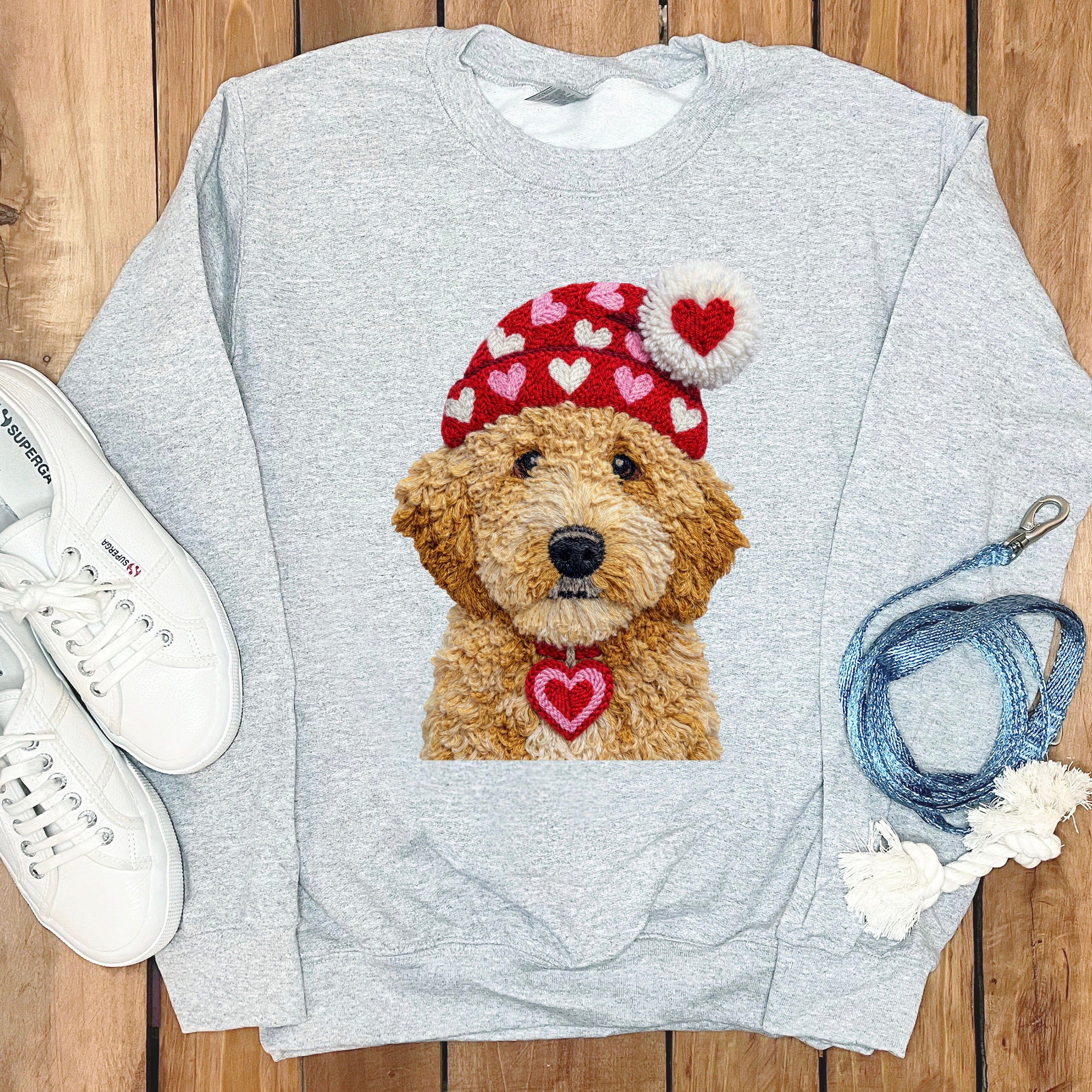 Goldendoodle Valentine Charm Faux Yarn Sweatshirt in Sport Grey / S by Puppy Jo