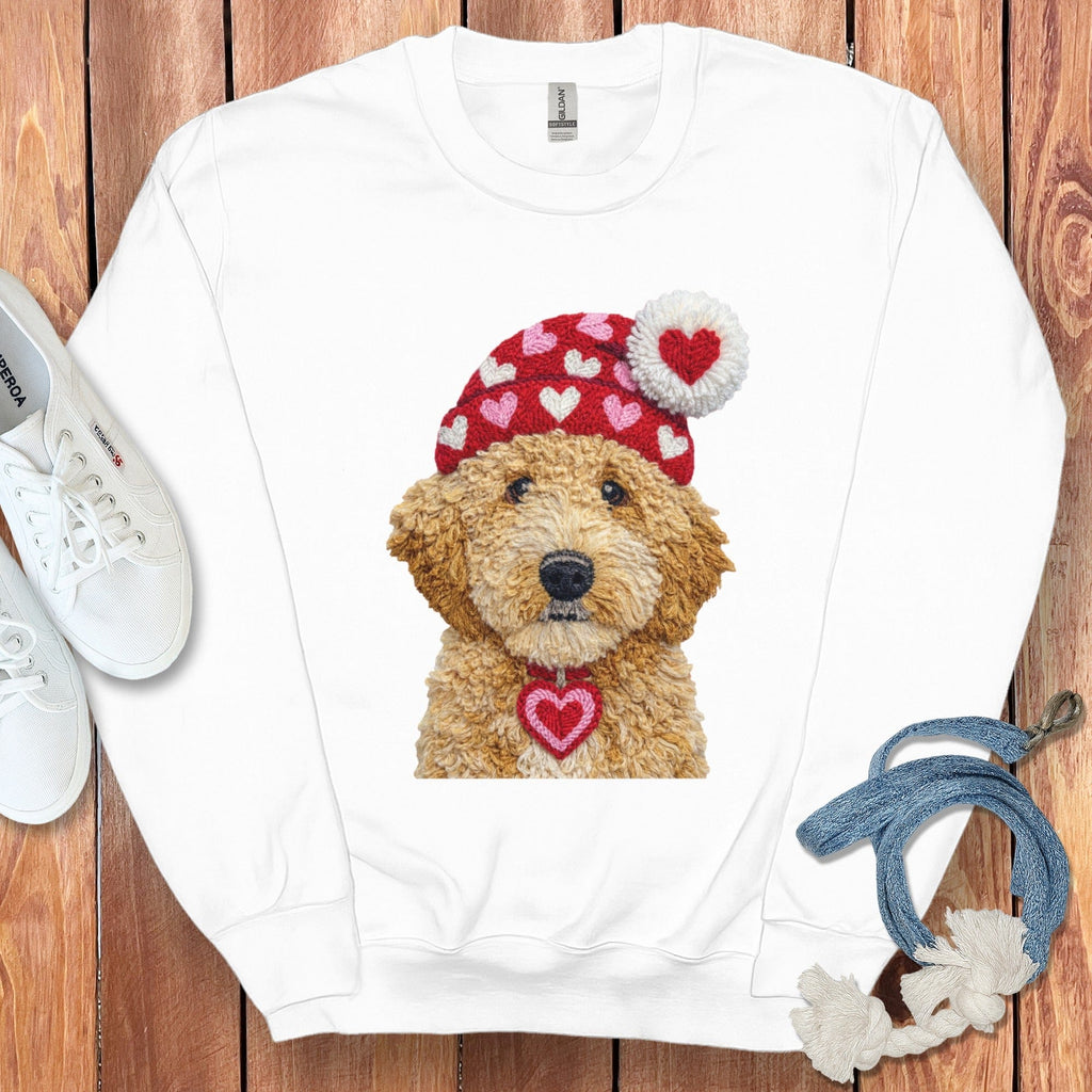 Goldendoodle Valentine Charm Faux Yarn Sweatshirt in White / S by Puppy Jo