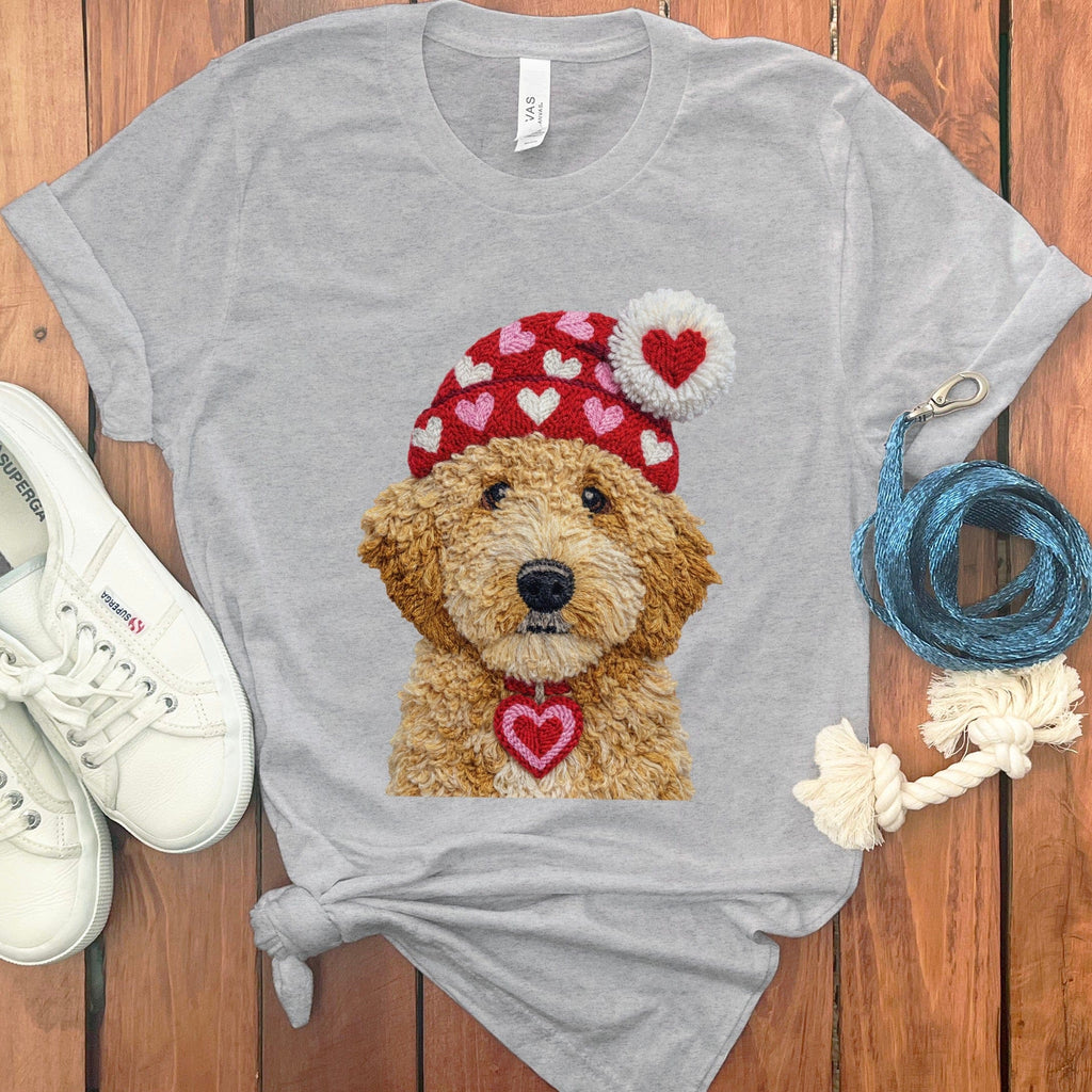 Goldendoodle Valentine Charm Faux Yarn T-Shirt in Athletic Heather / S by Puppy Jo