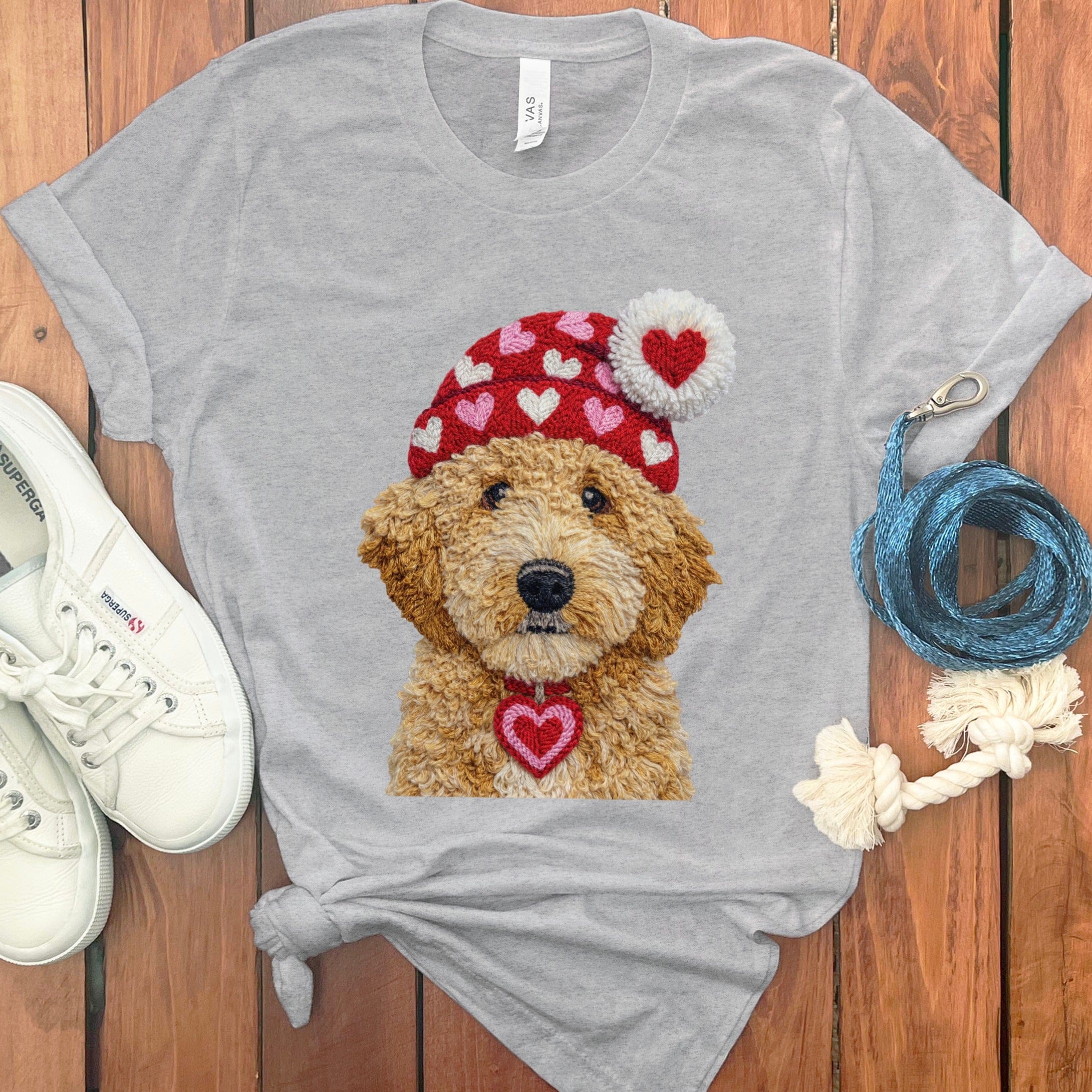 Goldendoodle Valentine Charm Faux Yarn T-Shirt in Athletic Heather / S by Puppy Jo