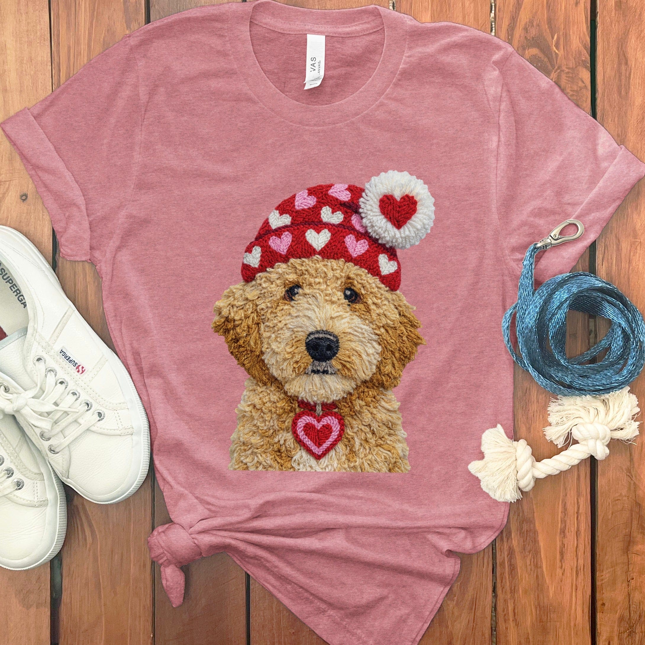 Goldendoodle Valentine Charm Faux Yarn T-Shirt in Heather Mauve / S by Puppy Jo