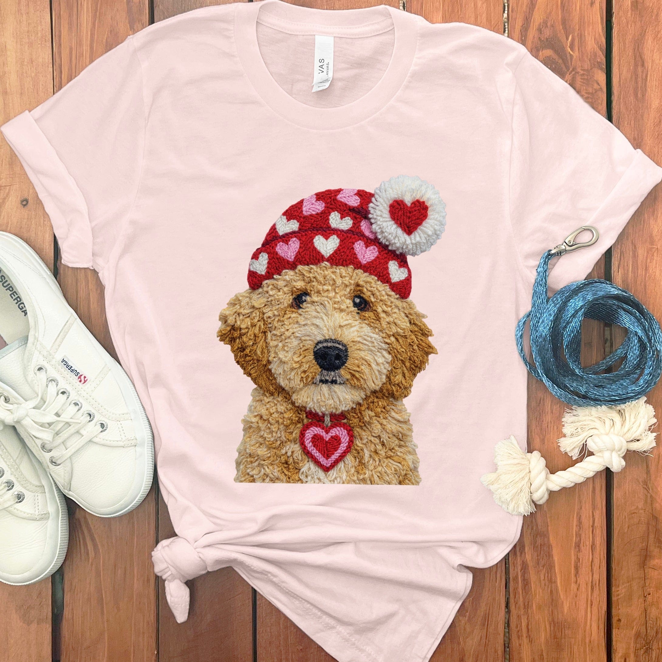 Goldendoodle Valentine Charm Faux Yarn T-Shirt in Soft Pink / S by Puppy Jo