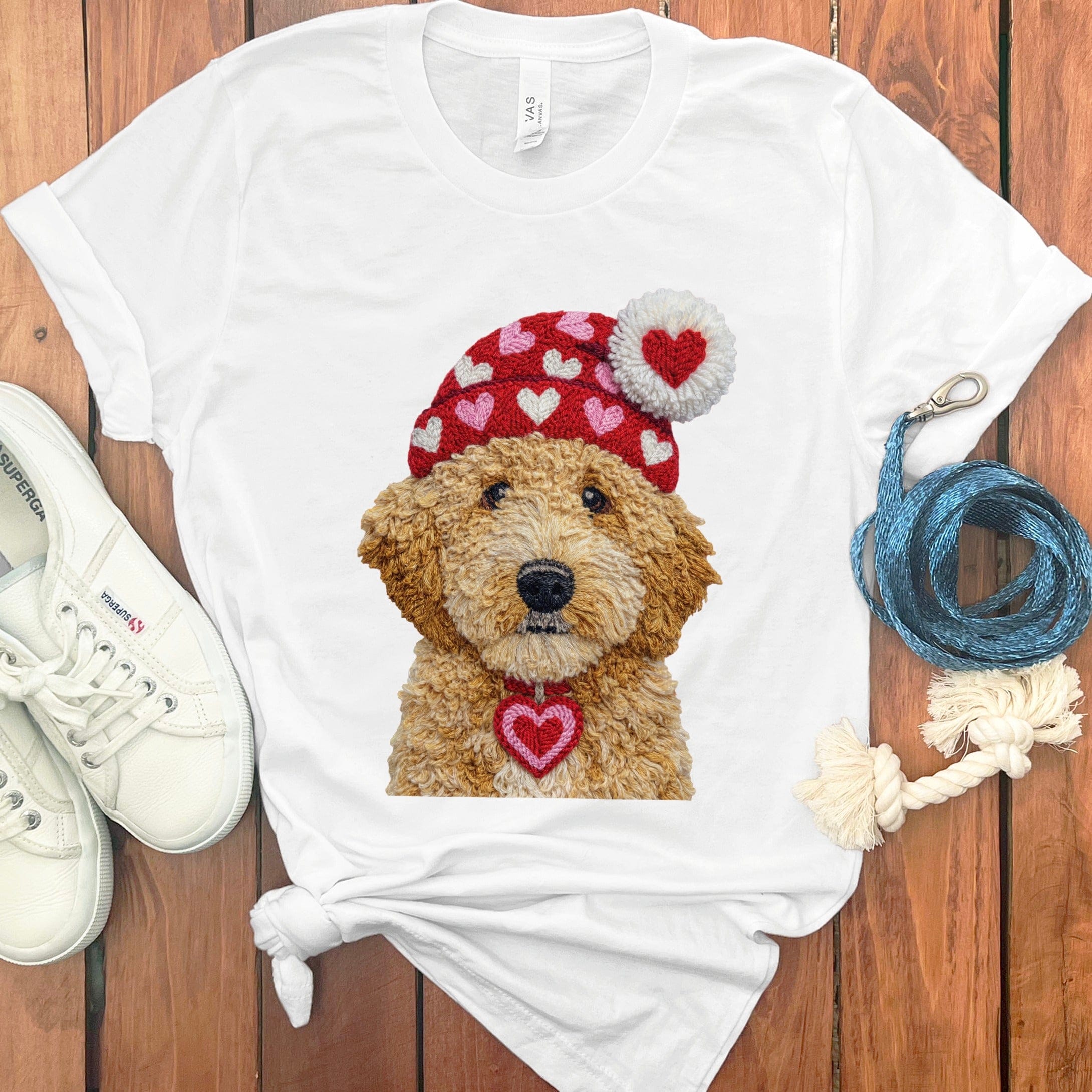 Goldendoodle Valentine Charm Faux Yarn T-Shirt in White / S by Puppy Jo